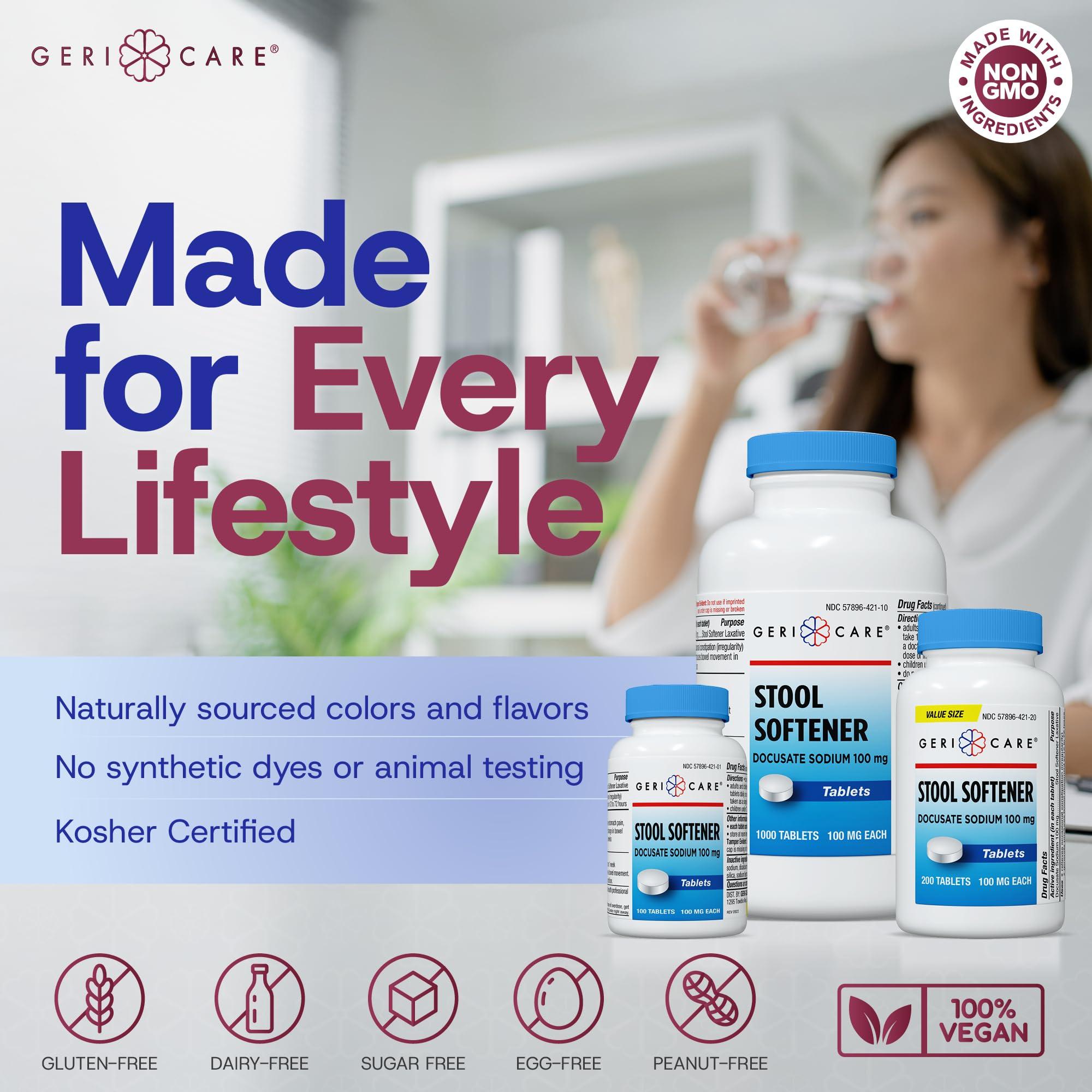 GeriCare GeriCare Docusate Sodium Stool Softeners, Best Stool Softener for Daily use for Women, Men, and Elderly - Ideal for Constipation Relief 100mg Crushable Tablets. (100 Count) Made in The USA.