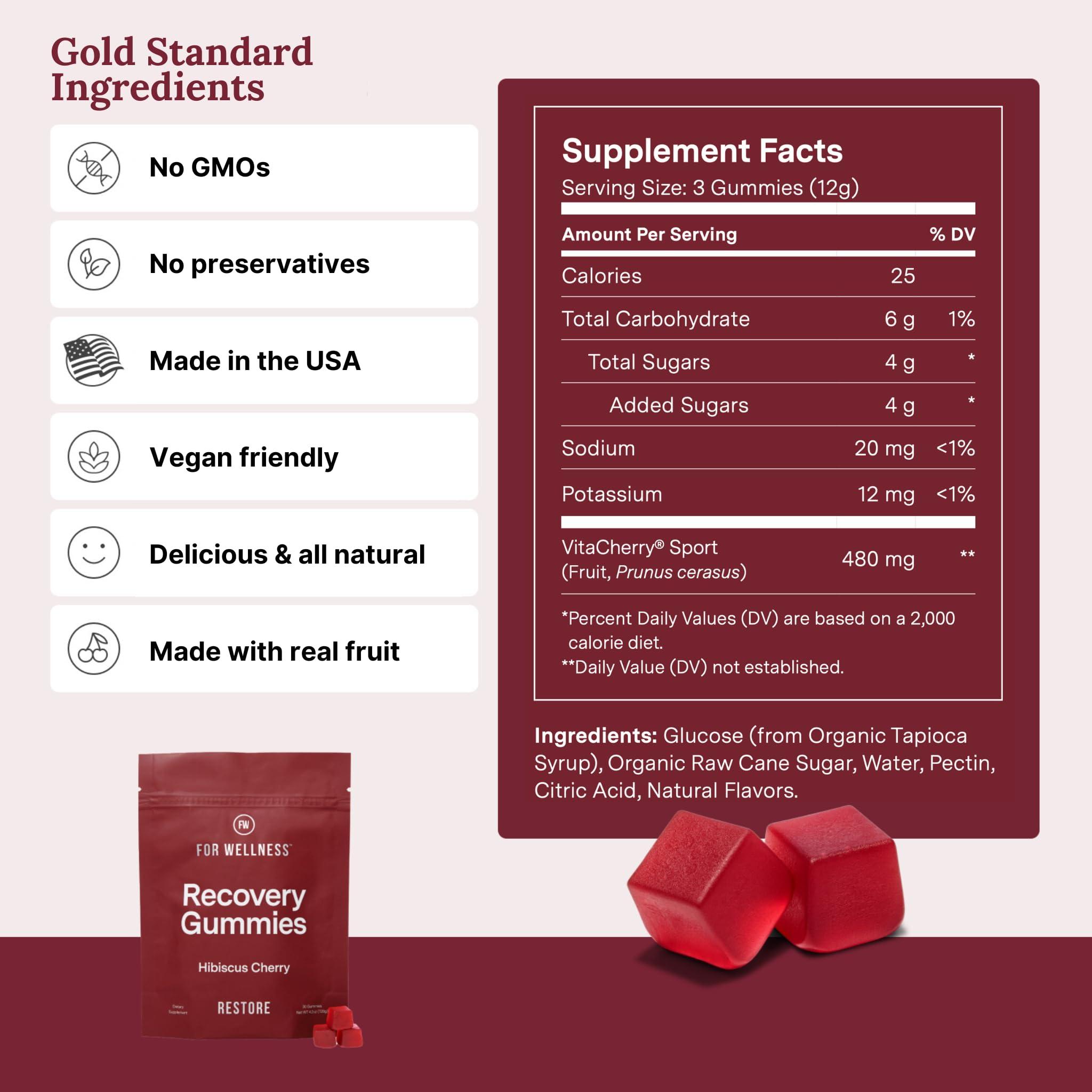 For Wellness Recovery Gummies - Tart Cherry Gummies for Muscle Recovery - Hibiscus Cherry Flavor with Antioxidants & Electrolytes Combats Soreness, Fights Inflammation, Boosts Energy - Vegan, Non-GMO, Gluten-Free