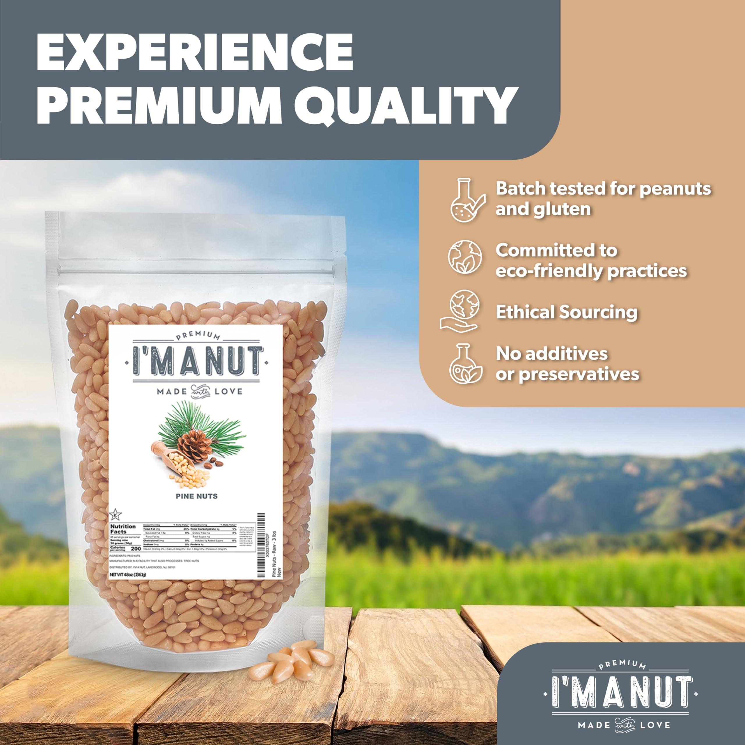 I'M A NUT Premium Raw Pine Nuts 48oz (3 lbs.) Non-GMO, No Additives Batch Tested Gluten & Peanut Free, Resealable Pouch for Freshness, Unsalted Pine Nuts - Perfect for Pesto, Salads, Gourmet Cooking and Baking