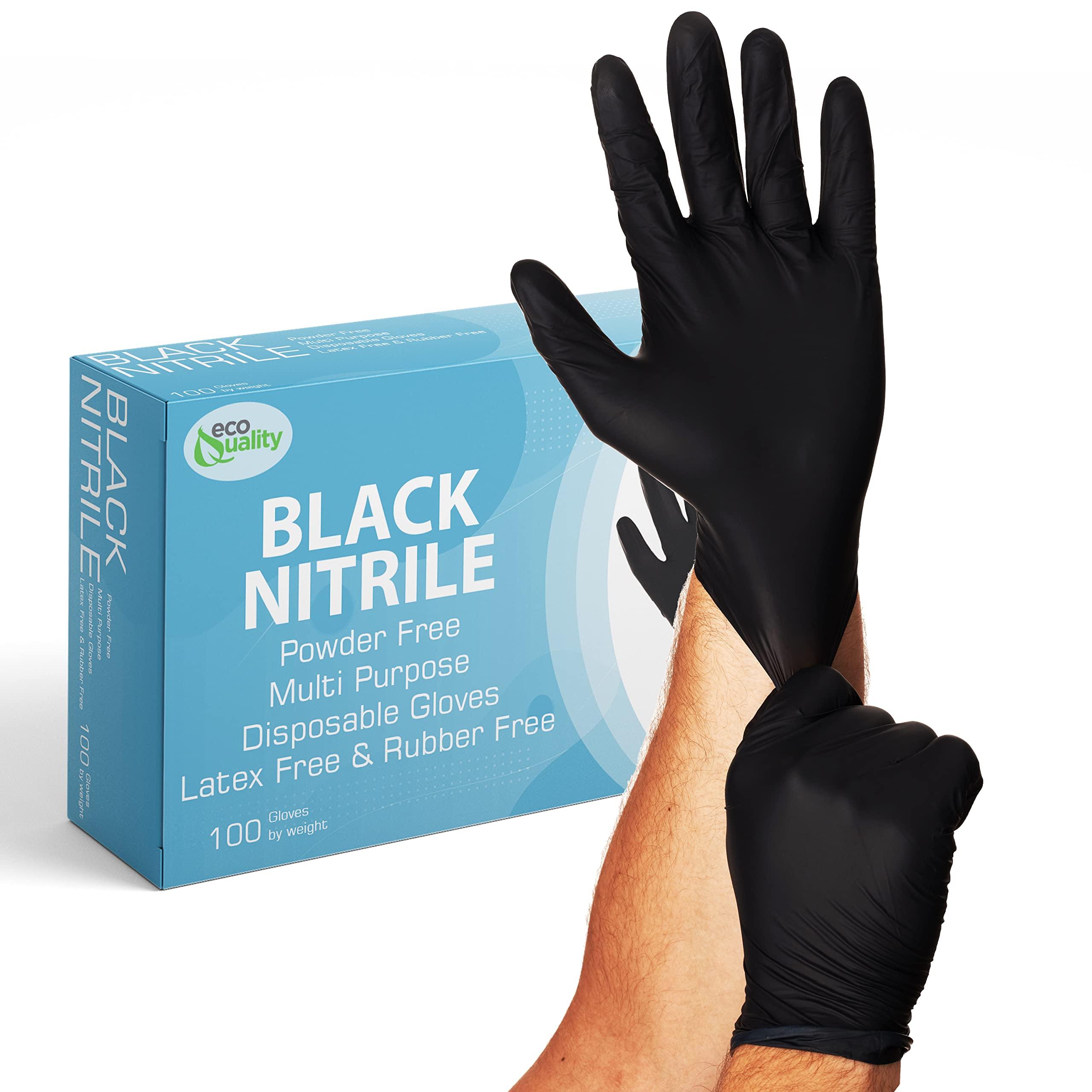 EcoQuality EcoQuality Disposable Black Nitrile Gloves - Heavy Duty, Powder Free, Latex Free, Non-Sterile, Food Safe, Chemical Resistant, 4 Mil (Large, 100, Count)