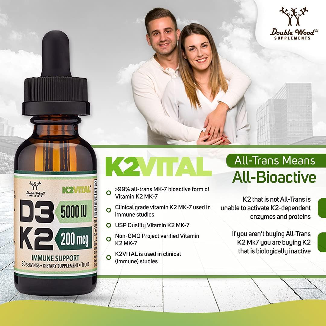 Double Wood Supplements Vitamin D3 K2 5,000 IU Liquid Drops (5,000 IU of D3 and 200mcg of 99.9% All-Trans Patented K2 MK-7 (K2Vital)) Max Absorption Liquid Vitamin D Drops (30 Servings) by Double Wood