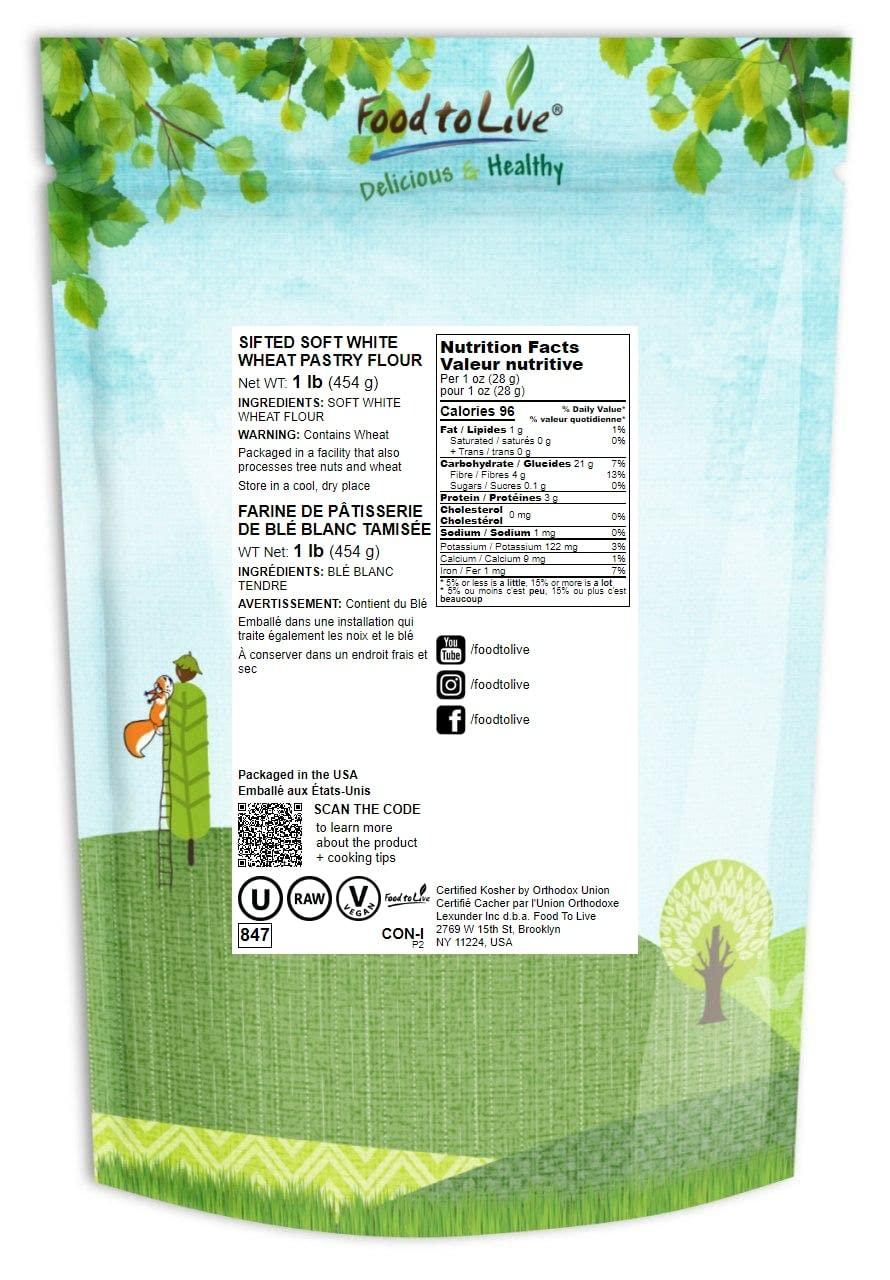 Food to Live Food to Live Unbleached White Fine Pastry Flour, 1 Pound Stone Ground from Soft White Whole Wheat Berries, Finely Milled and Sifted, Unbromated, Kosher, Vegan, Bulk