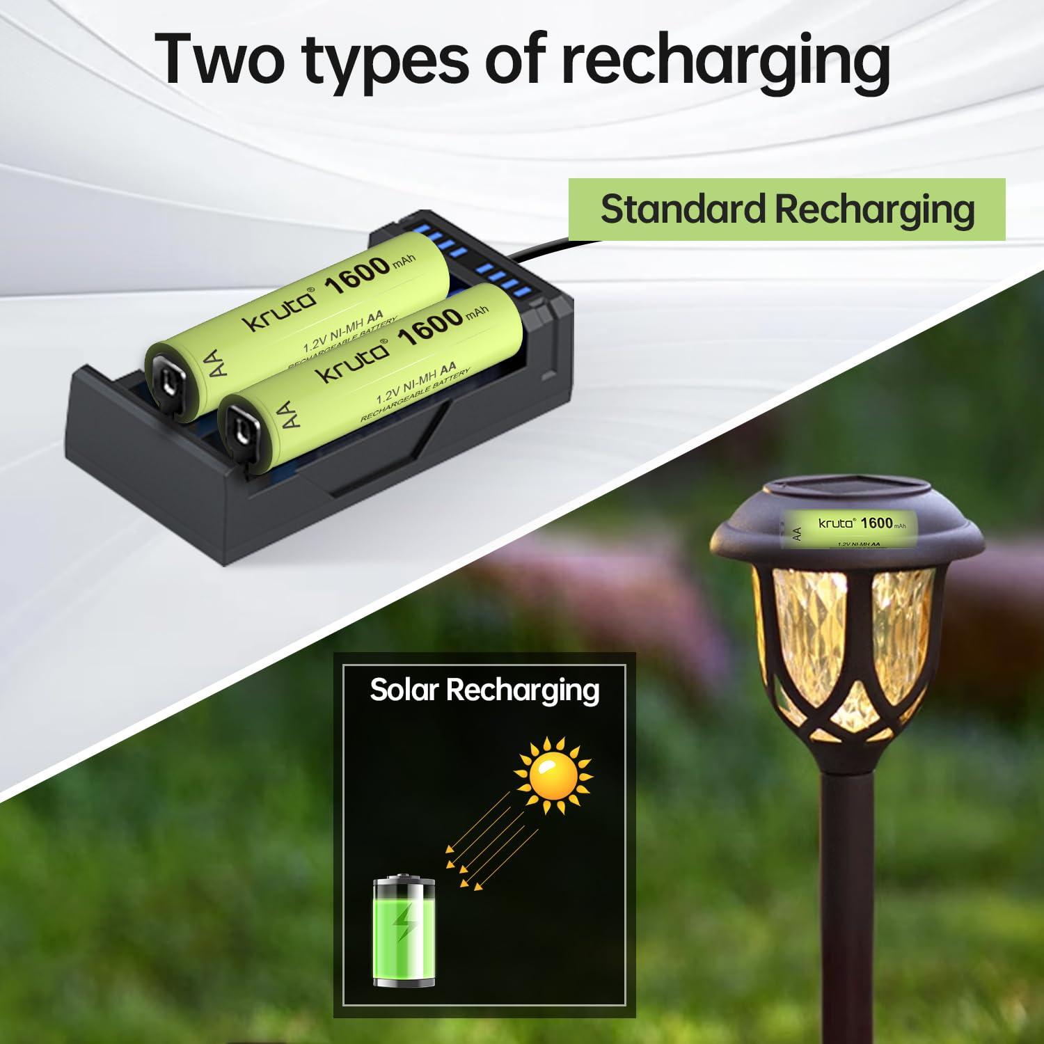 Kruta Kruta Ni-MH AA Rechargeable Batteries, Double A 1600mAh High Capacity 1.2V Pre-Charged for Garden Landscaping Outdoor Solar Lights, String Lights, Pathway Lights (AA-1600mAh-8 Pack)