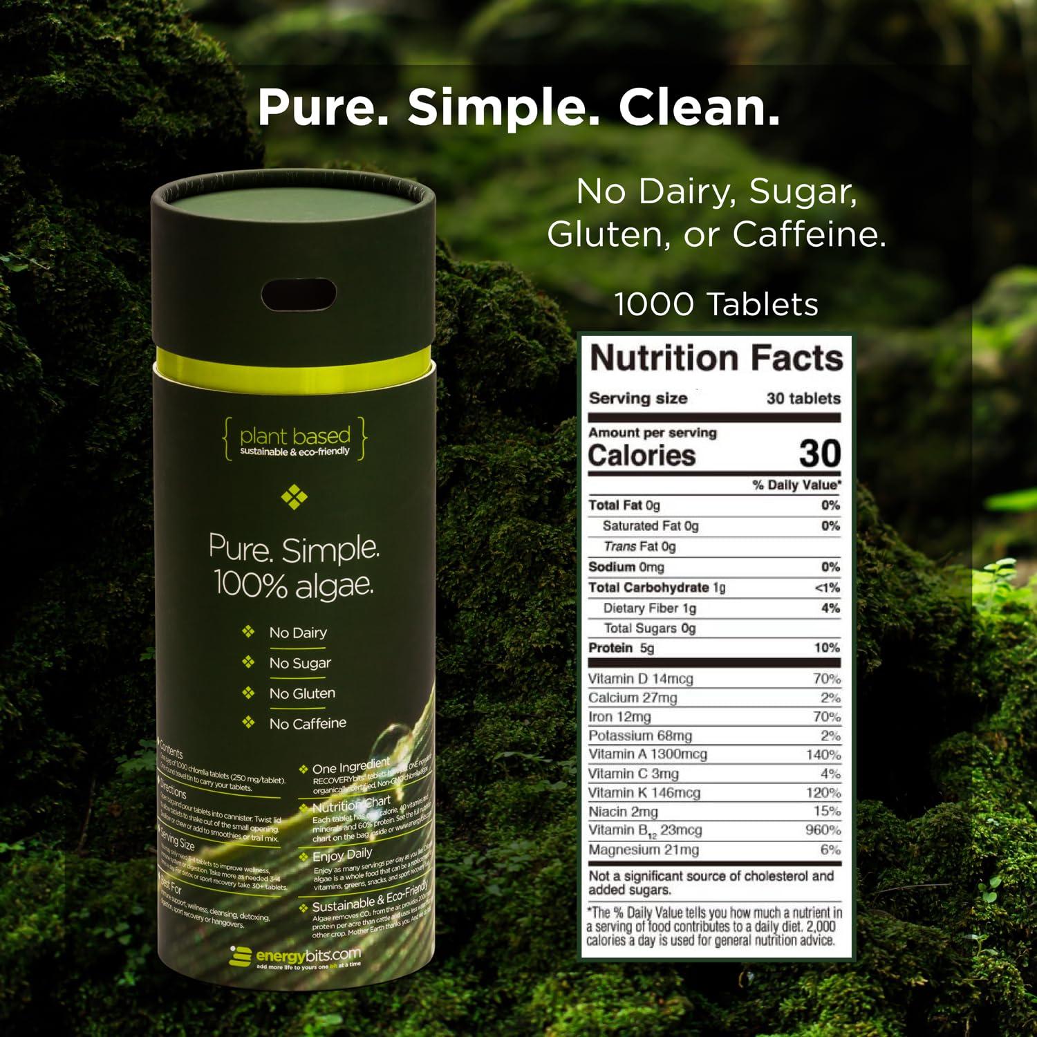 ENERGYBITS RECOVERYbits - Organic Chlorella Tablets - Plant-Based Algae Superfood - Chlorophyll - Cracked Cell Wall - Energy - Immune System - Detox - Keto - Vegan - Non-GMO - Large Canister - 1000 Tablets