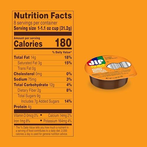 Jif Jif Peanut Butter & Chocolate To Go, 8 Count Cups (Pack of 6), Less Sugar, Thick & Creamy Texture