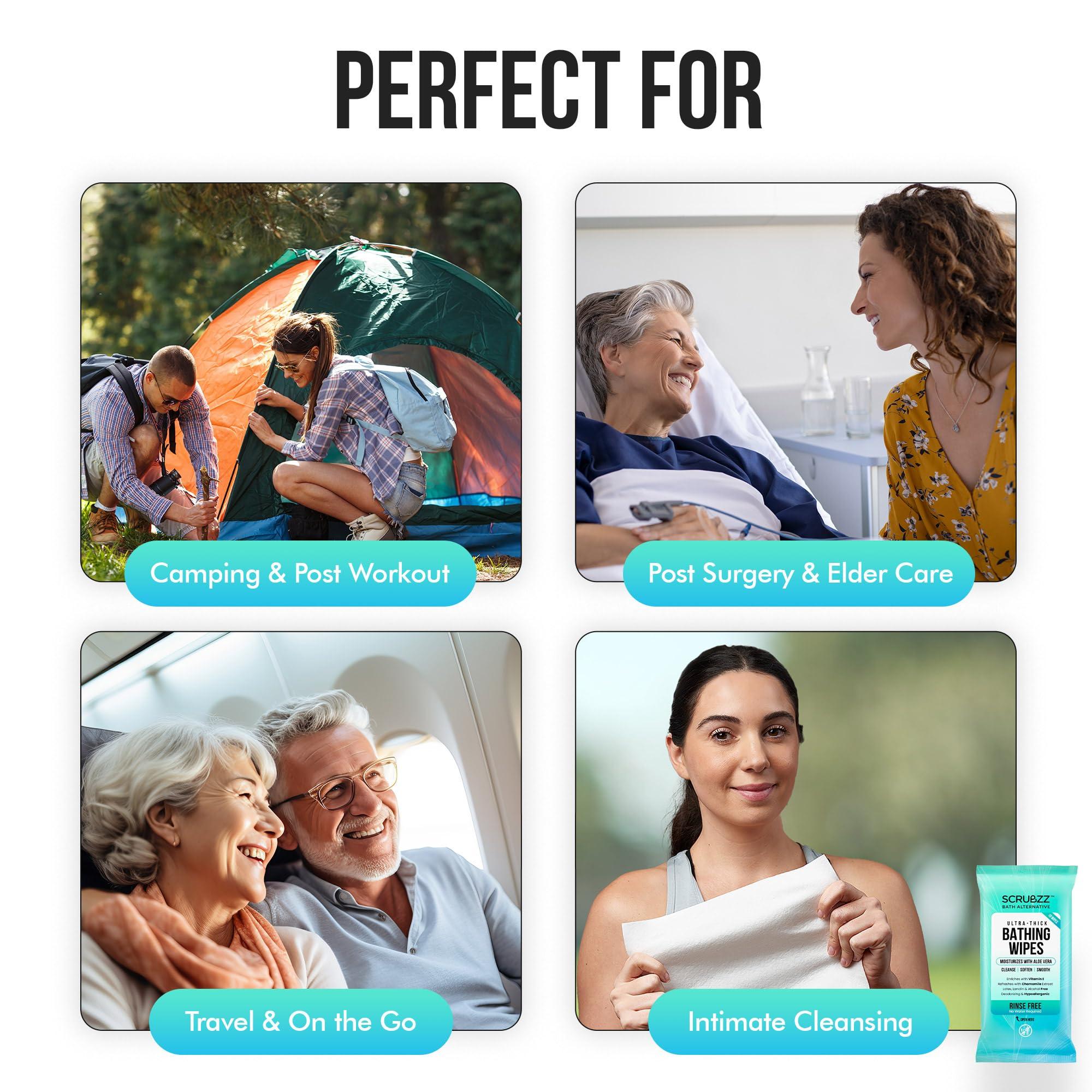 Scrubzz Extra Large Bath Wipes for Adults Bathing No Rinse - 40 Disposable Body Cleansing Wipes for Men, Women & Elderly - Great for Gym, Camping, Post Surgery - Shower Wipes