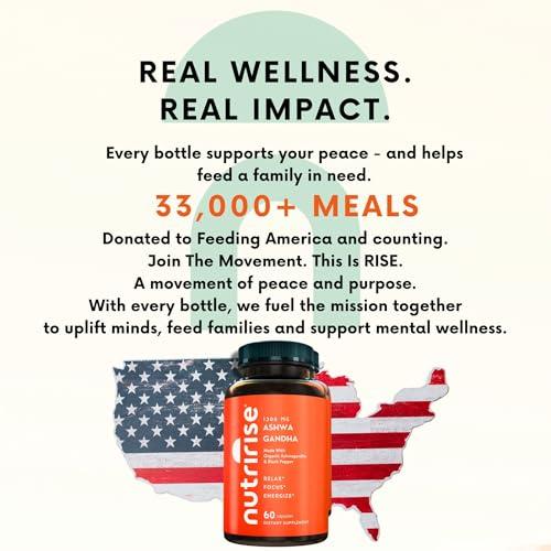 NutriRise NutriRise Organic Ashwagandha Root Capsules with Black Pepper, 1300mg, Natural Stress & Mood, Thyroid & Immune Support Supplement, Clarity, Focus & Energy, Gluten Free, 60 Count