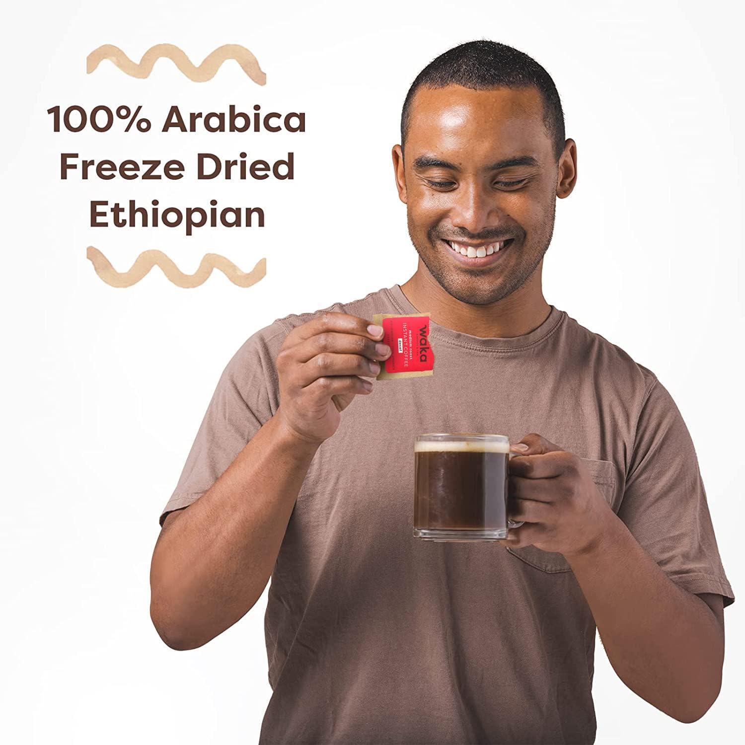 Waka Coffee Waka Instant Coffee, Decaffeinated Medium Roast - 100% Arabica Colombian Beans, Freeze Dried Granules, No Additives - Single Serve Packets for Quick Hot and Iced Coffees (50 Individual Coffee Packets)