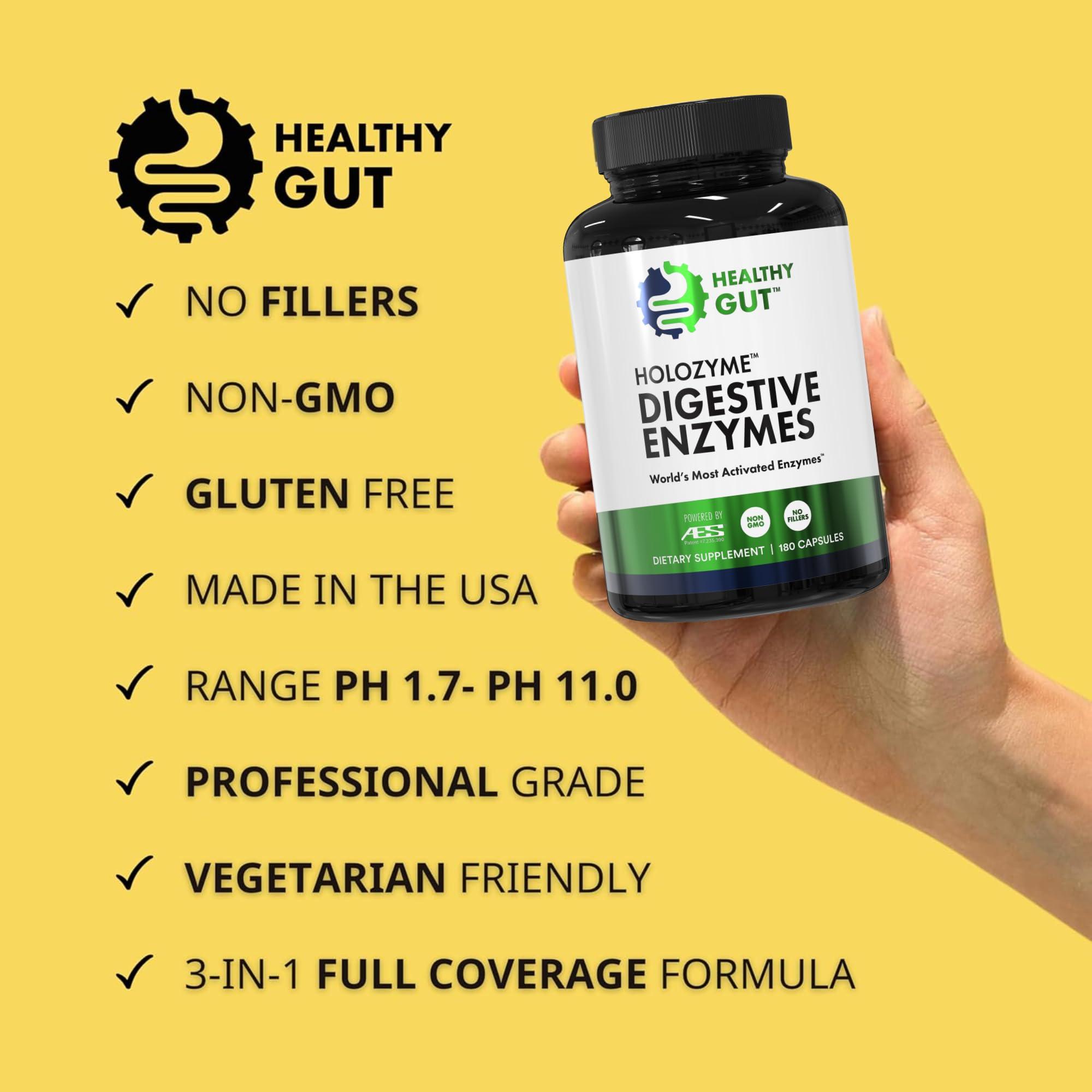 Healthy Gut, LLC Healthy Gut HoloZyme Digestive Enzymes | Enjoy Your Favorite Foods Again | w/Protease, Amylase, Lipase, Lactase, and More | 90 Servings