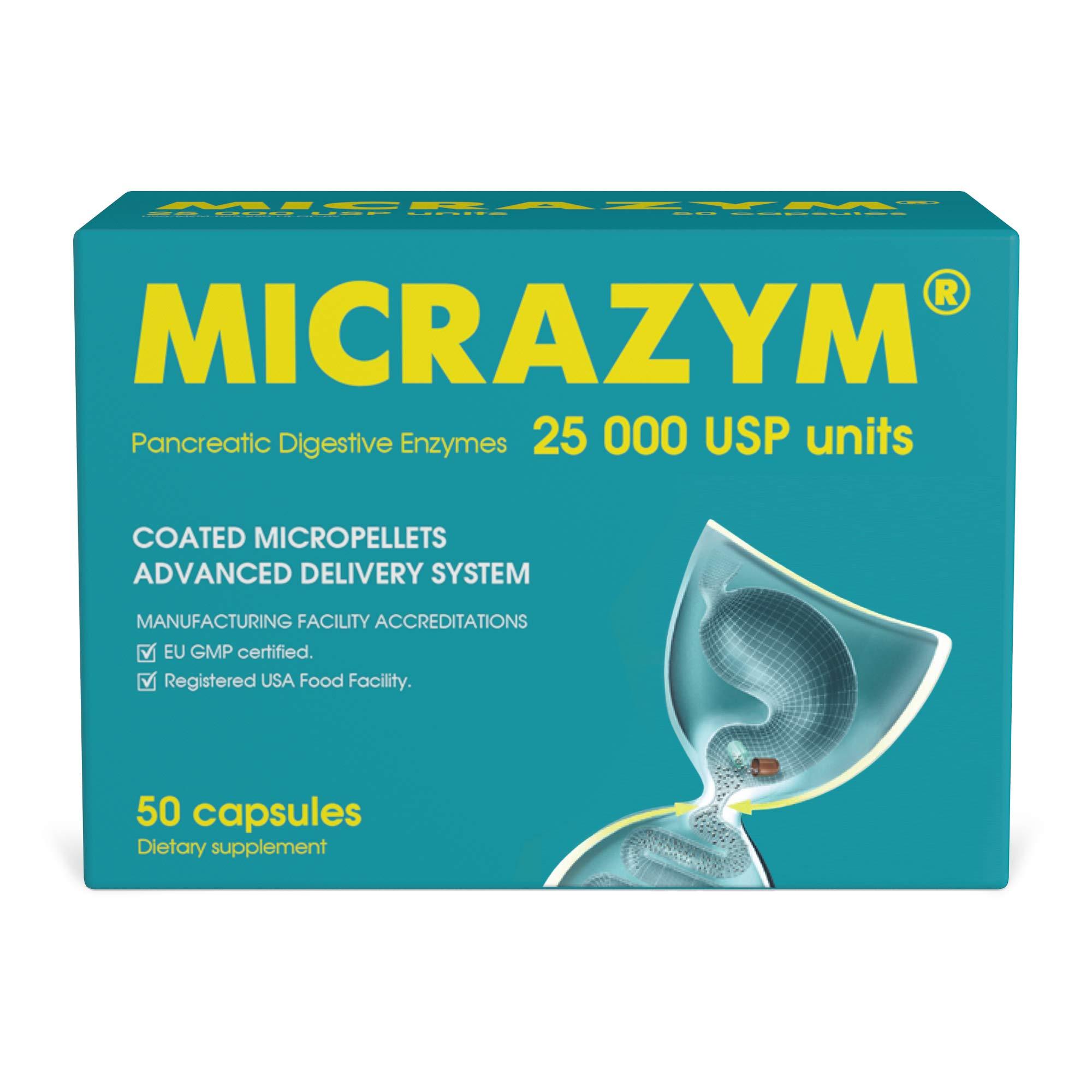 Micrazym Micrazym AVVA Pharm Pancreatic Enzymes - 25,000 USP Effective Pancreatic Enzyme Supplements - Digestive Enzymes for Digestion - 50 Fast-Acting Capsules with Amylase, Lipase and Protease