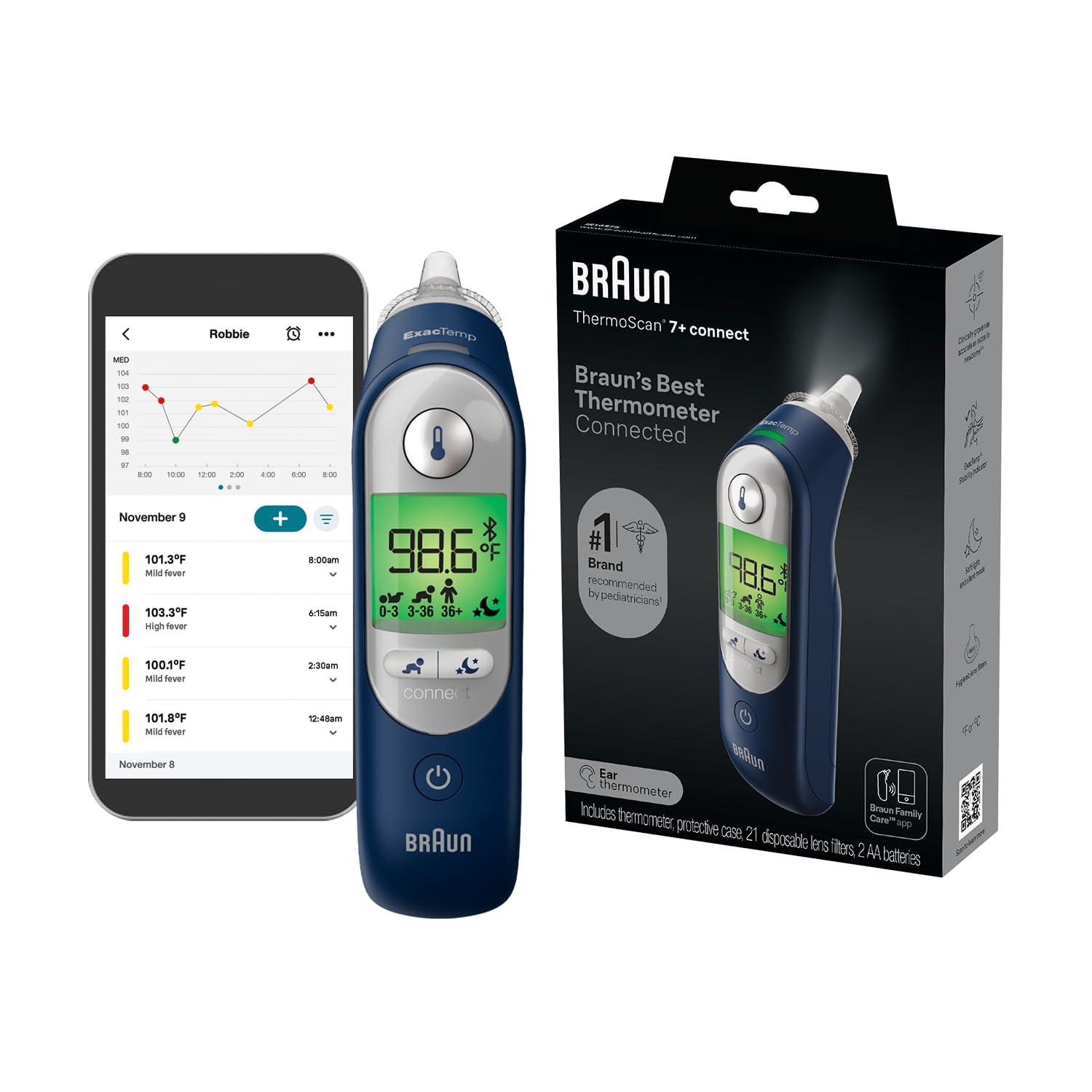 Braun Braun ThermoScan 7+ Connect Digital Ear Thermometer - Family Care App Compatible, Age Precision Technology, Color-Coded Digital Display, No. 1 Brand Recommended by Pediatricians, FSA and HSA Eligible
