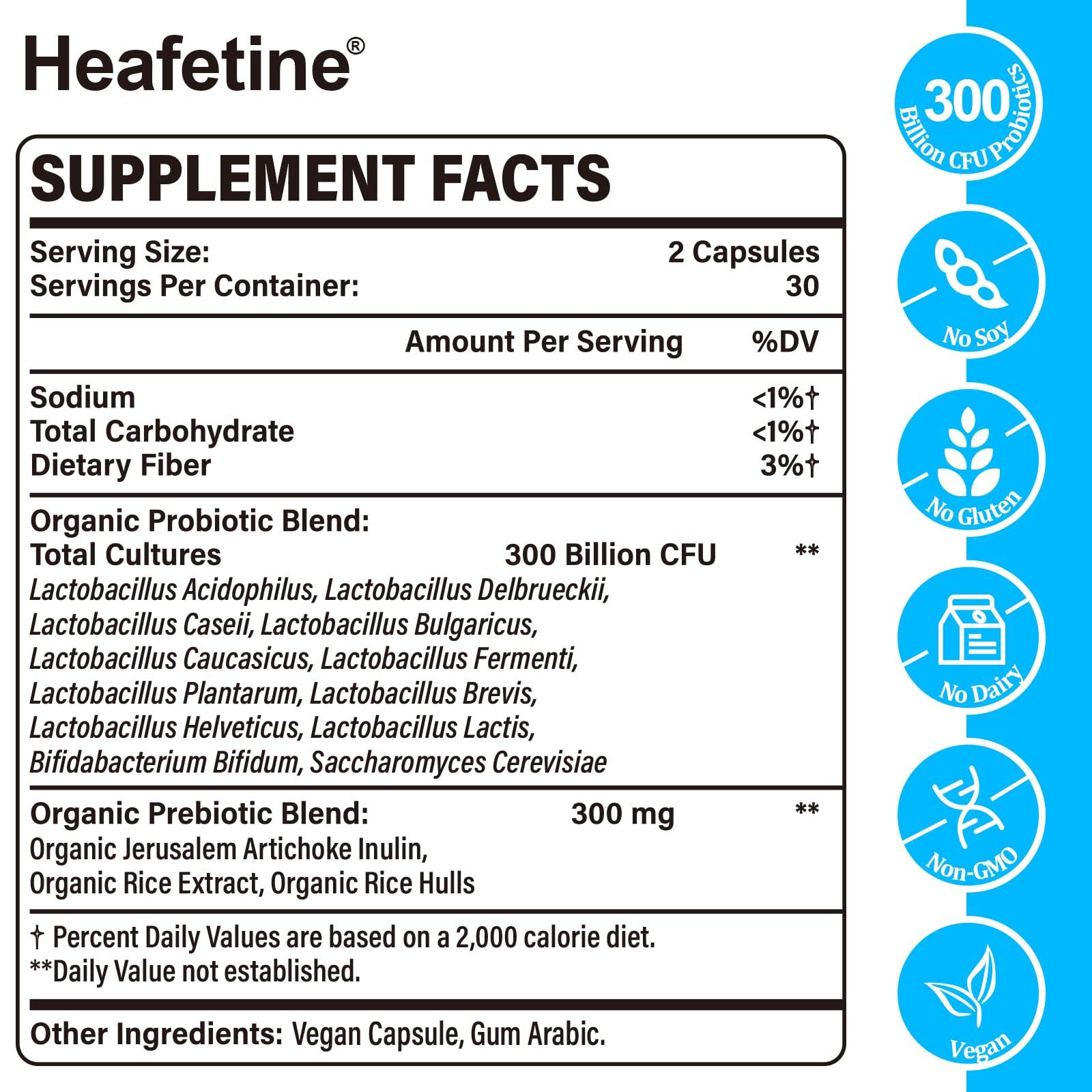 Heafetine 300 Billion CFUs Probiotics for Women & Men - 12 Strains + 3 Organic Prebiotics, Probiotics for Digestive Health & Immune, Gut Health & Bloating, Gut Health for Women & Men - 60 Capsules