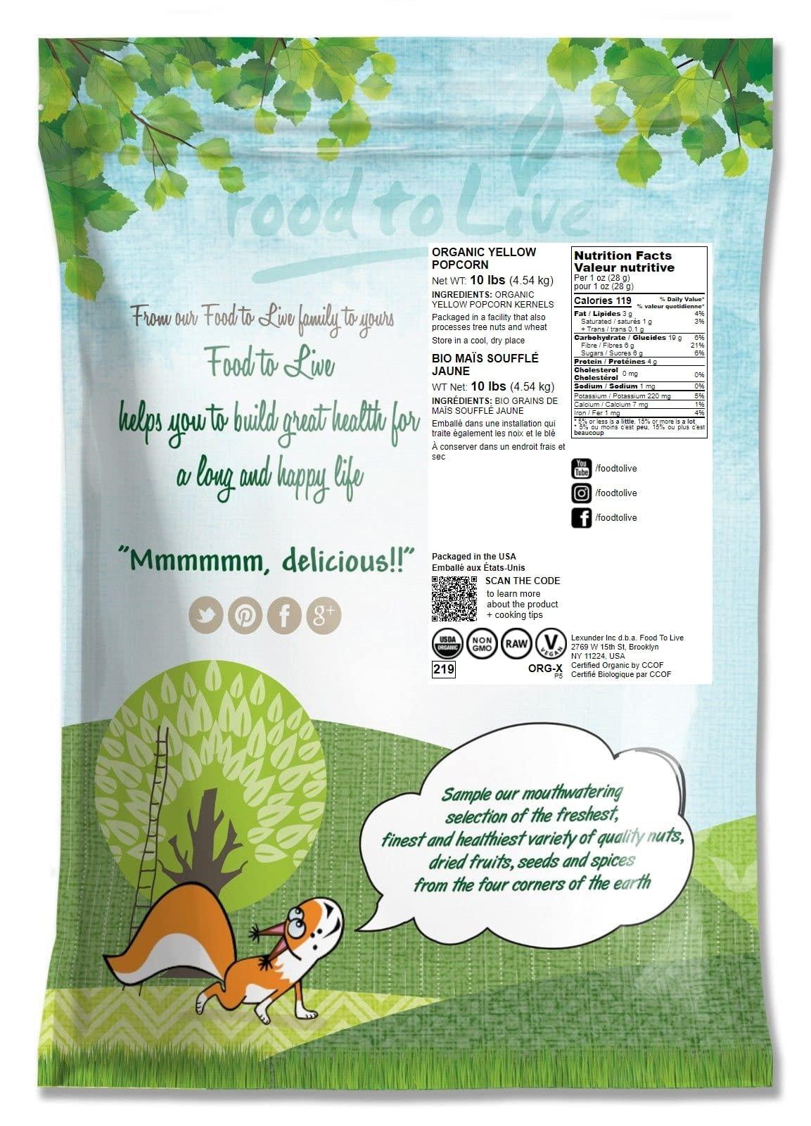 Food to Live Food to Live Organic Yellow Popcorn Non-GMO Corn Kernels, 100% Whole Grain, No Additives, No Preservatives, Vegan, Bulk. Theater-Quality Popcorn. Easy to Make. High Fiber, and Low-Calorie Snack