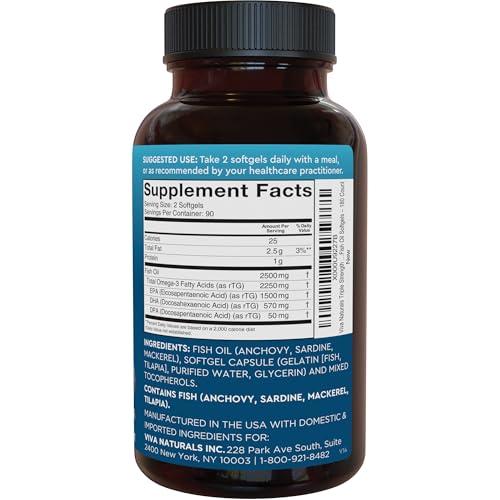 Viva Naturals Triple Strength Omega 3 Fish Oil Supplement for Men and Women 2500 mg High-Potency, Easy-to-Absorb Re-esterified Triglyceride Form, Pescatarian-Friendly DPA EPA DHA Omega 3 Supplement, 180 Softgels