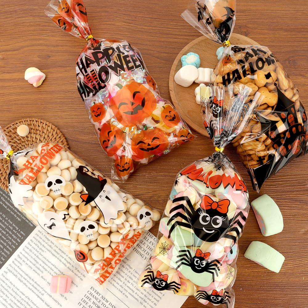 tauywolci Halloween Treat Bags, Halloween Cellophane Treat Bags, 60 PCS Halloween Candy Bags, Halloween Goodie Bags with Twist Ties, 4 Styles Small Halloween Gifts Bags for Trick or Treat Party Favors Supplies