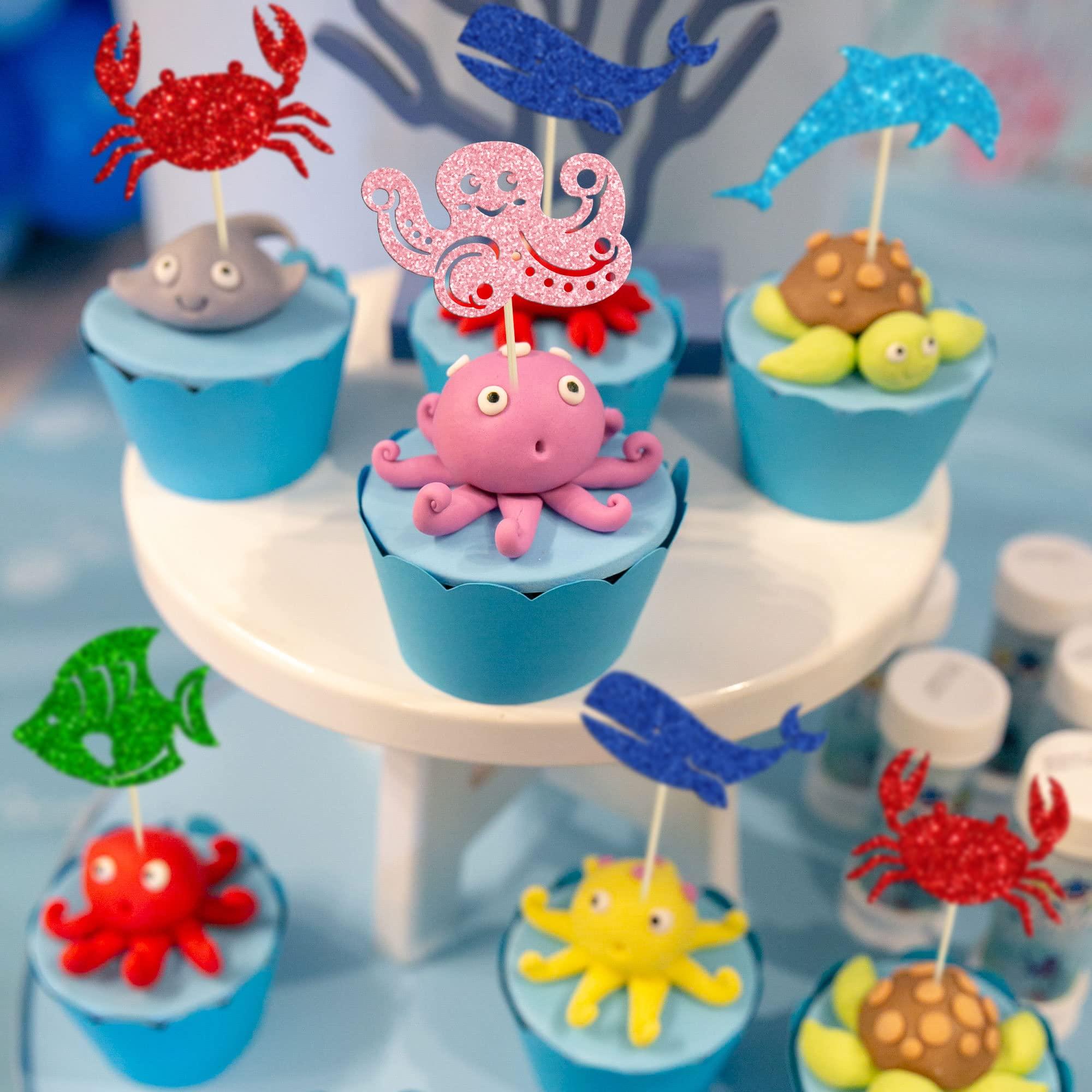 Gyufise Gyufise 30 Pack Ocean Sea Animals Cupcake Toppers Dolphin Crab whale Octopus Fish Cupcake Picks Baby Shower Under the Sea Animals Theme Birthday Party Cake Decorations Supplies