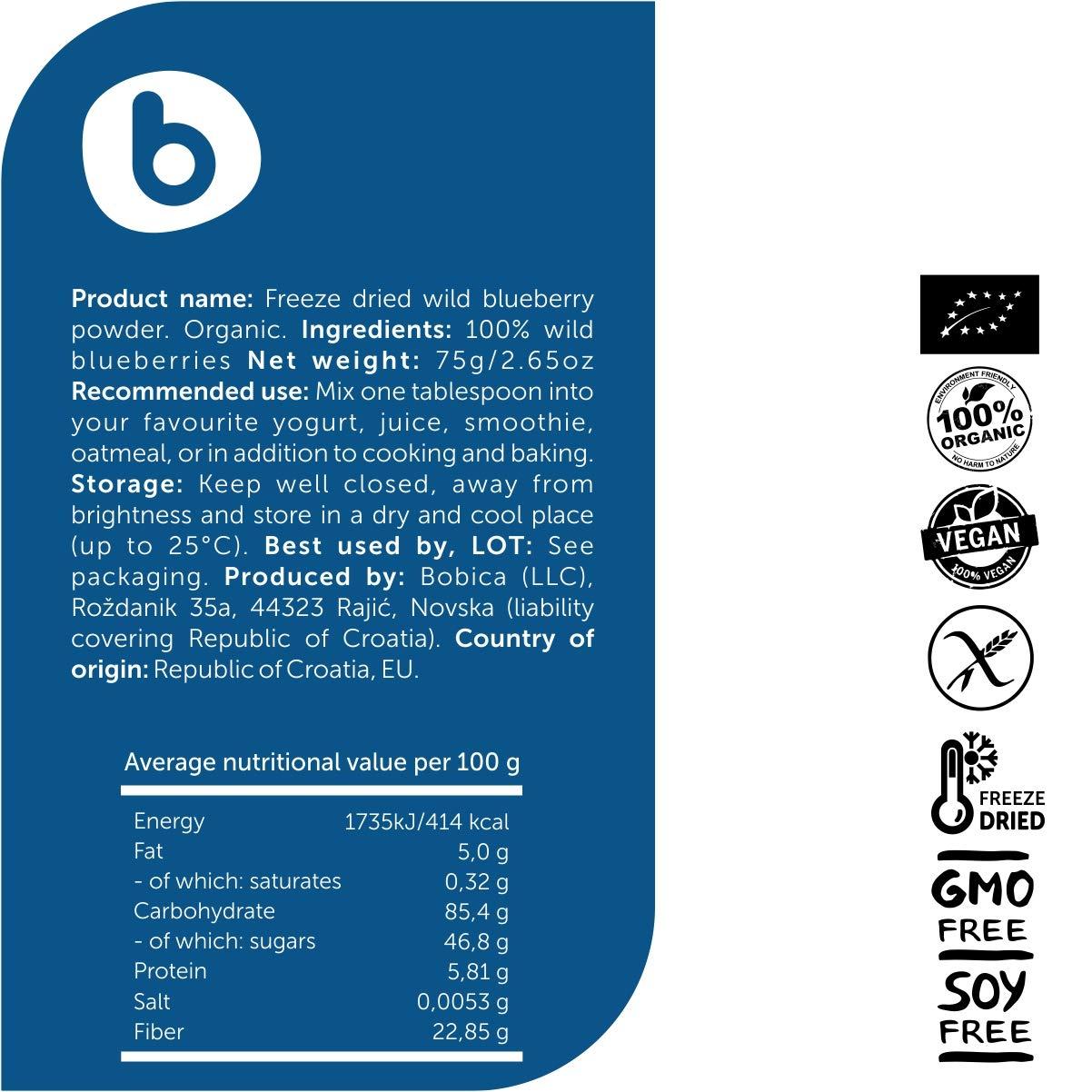 b Organic Wild Blueberry Powder from Freeze Dried Wild Blueberries, Bilberries, Antioxidant Superfood, for Smoothies, Baking and Flavoring, 2.65oz