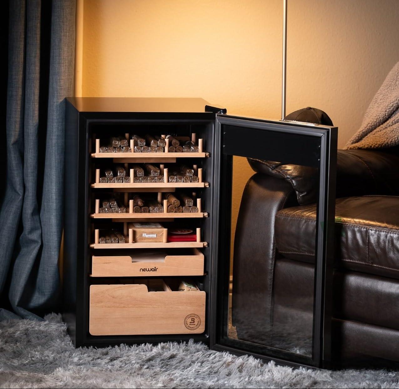 NewAir NewAir x Boveda 500 Count Electric Humidor, Spanish Cedar Shelves with Temperature Control, Cigar Humidor Box with Built-In Boveda Humidity Control in Stainless Steel