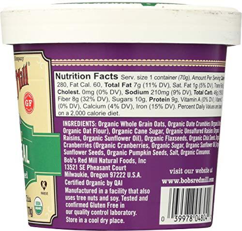 Bob's Red Mill Bob\'s Red Mill Organic Gluten Free Oatmeal Cup, Fruit & Seed, 2.47 Ounce (Pack of 1), Non-GMO, Whole Grain, Kosher