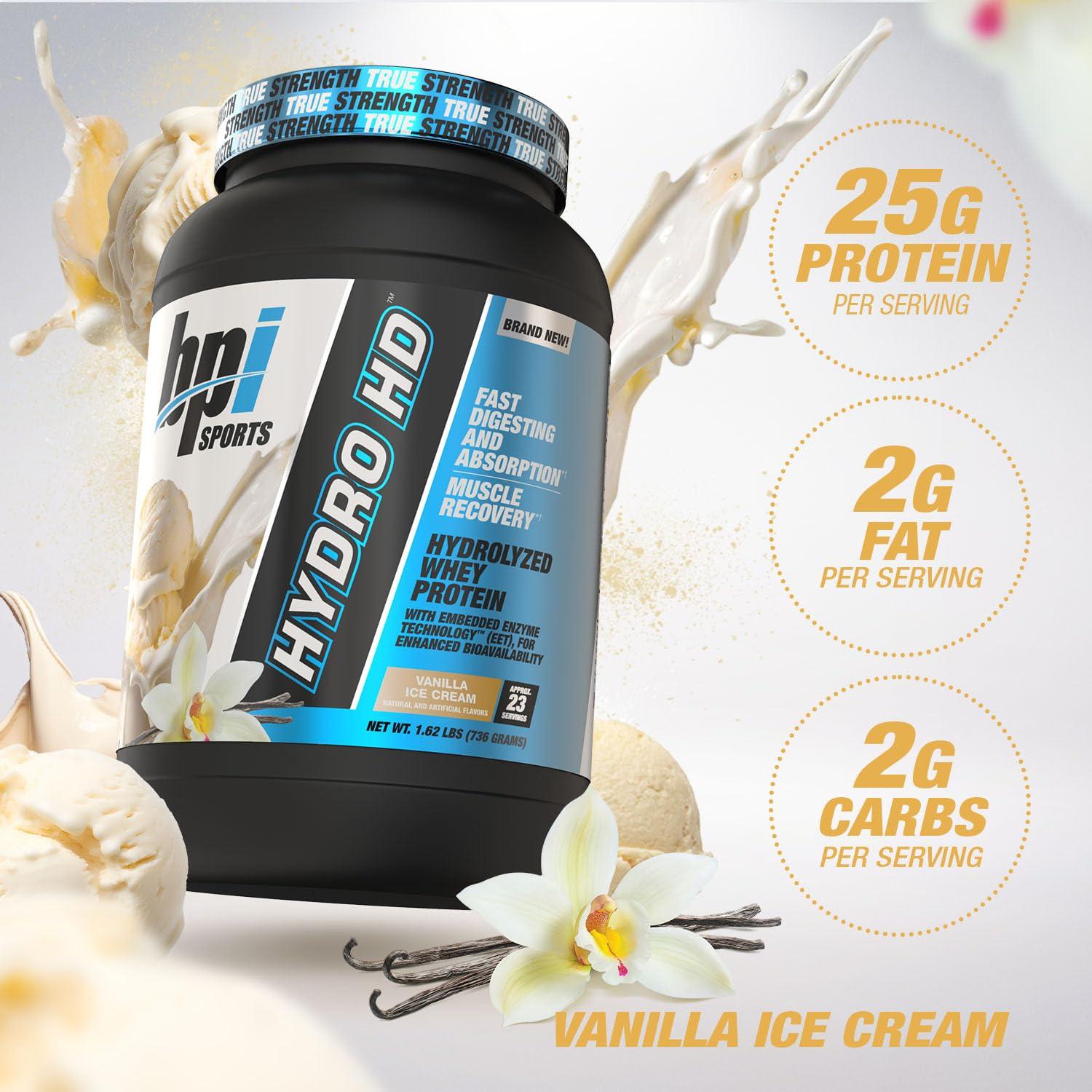 BPI Sports BPI Sports Hydro HD - 100% Hydrolyzed Whey Protein Powder - Muscle Growth, Recovery, 25g of Protein, Low Carb, Low Sugar, Fast Absorbing (23 Servings, Vanilla Ice Cream)