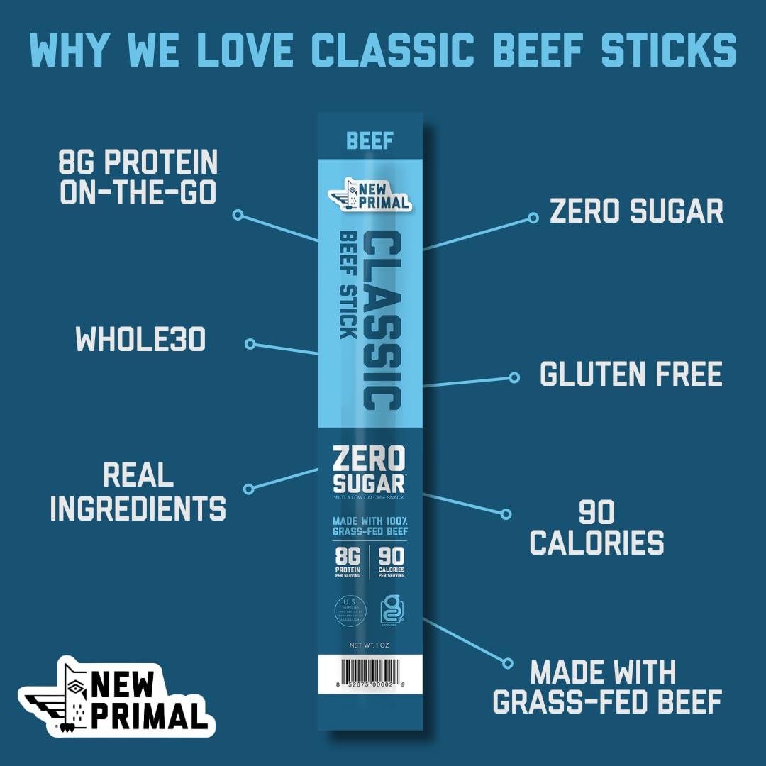 The New Primal The New Primal Grass Fed Beef Sticks, Keto, Gluten Free Healthy Snacks for Adults, Sugar Free Low Carb High Protein Snack, Paleo Whole30 Jerky Meat Stick, 8g Protein, 5 Pack