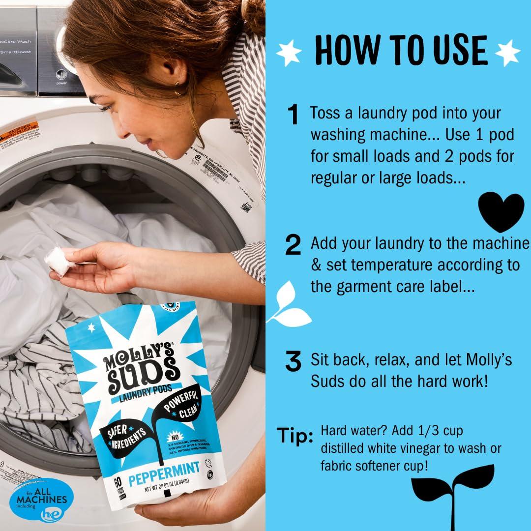 Molly's Suds Molly's Suds Laundry Detergent Pods | Natural Detergent for Sensitive Skin | Ultra Concentrated and Stain Fighting | Peppermint - 60 Count