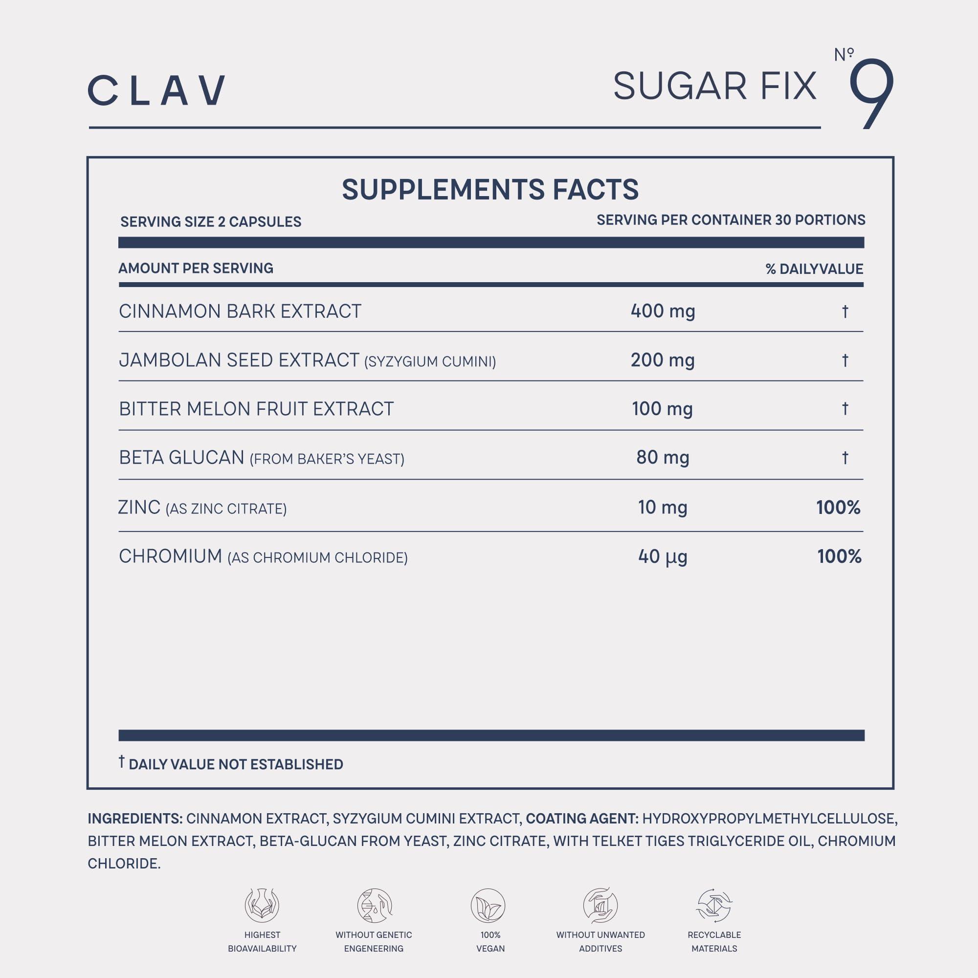 CLAV CLAV N9 - Cinnamon Extract + Bitter Melon Capsules with Syzygium cumini, Beta Glucan & Chromium - Vegan - 60 Count