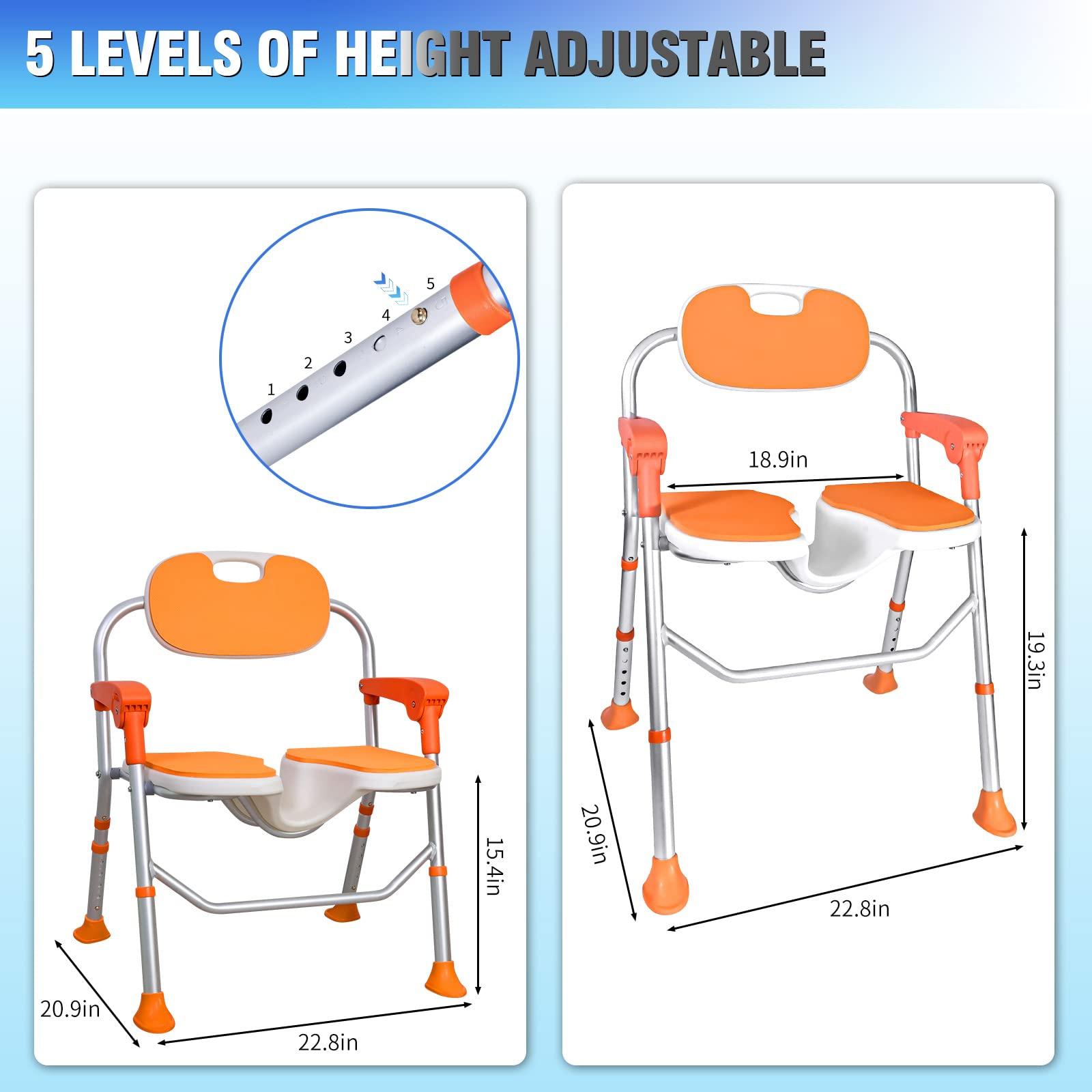 Felstar Shower Chair with Arms and Back 350 LB, Folding Shower Chair 5-Level Adjustable, Non-Slip Feet Shower Seat Cutout for Private Washing,for Elderly,Disabled, Seniors & PregnantHeavy Duty Shower Chair