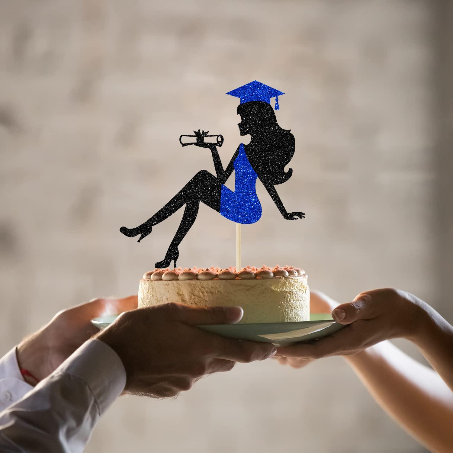 ALBESSULI Graduation Cake Topper 2023, Graduation Girl Cake Topper, Congrats Grad Girl Graduation Cake Decor, Girls Graduation Party Decorations, Black and Blue Glitter