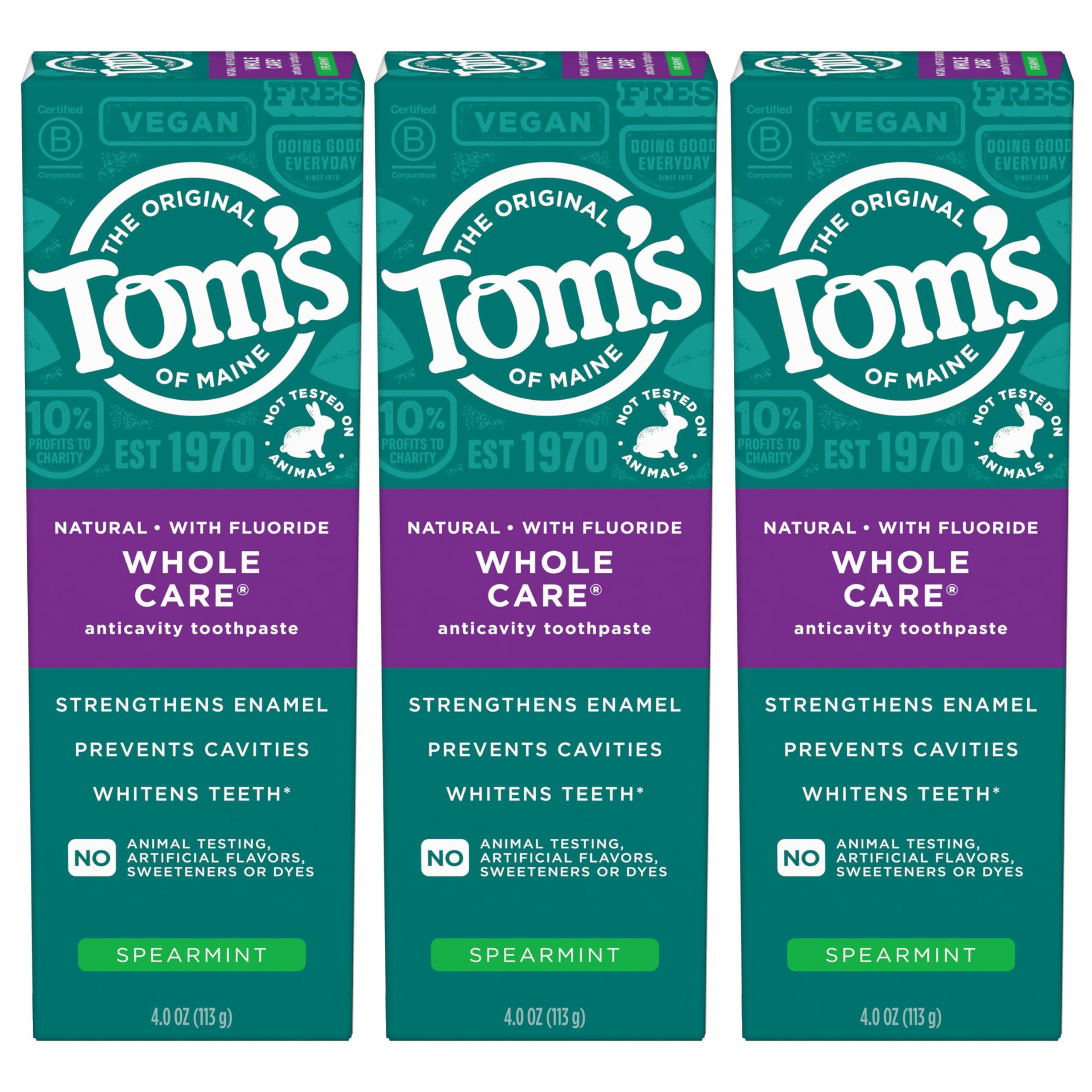 Tom's of Maine Tom\'s of Maine Whole Care Natural Toothpaste with Fluoride, Spearmint, 4 Ounce (Pack of 3), (Packaging May Vary)