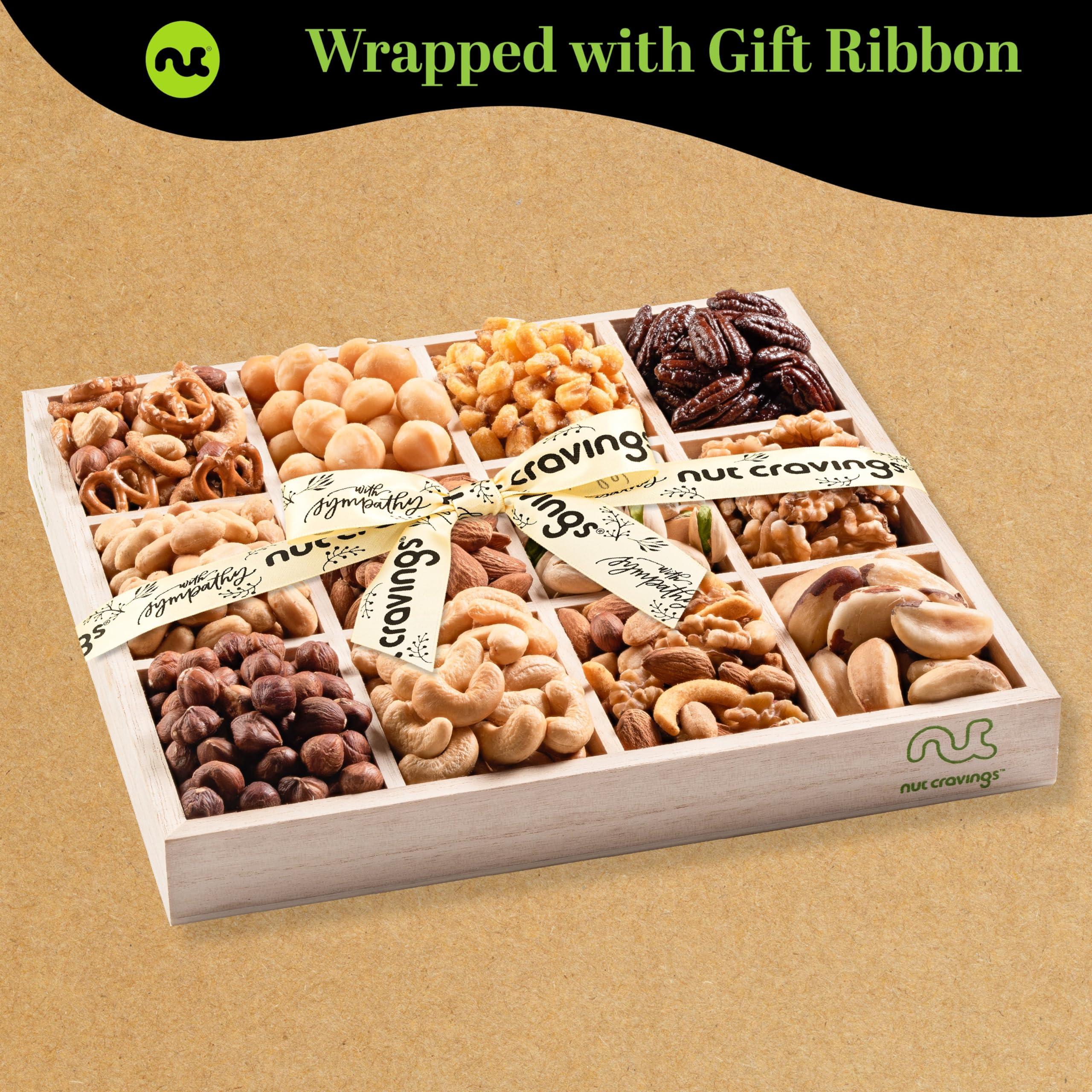 Nut Cravings NUT CRAVINGS Gourmet Collection - Sympathy Nuts Gift Basket with Sympathy Ribbon + Greeting Card in Reusable Wooden Tray (12 Assortments) Food Platter Condolence Care Package