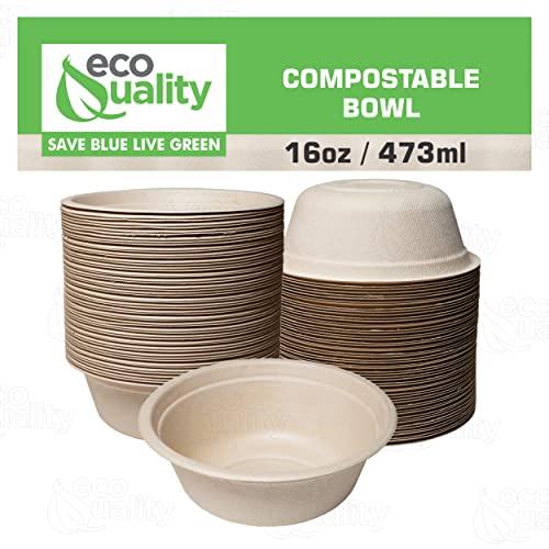 EcoQuality [500 Pack] 16 oz Compostable Paper Bowls Heavy-Duty Disposable Bowls, Eco-Friendly Natural Bagasse Unbleached, Hot or Cold Use, 100% Biodegradable Soup Bowls Sugarcane