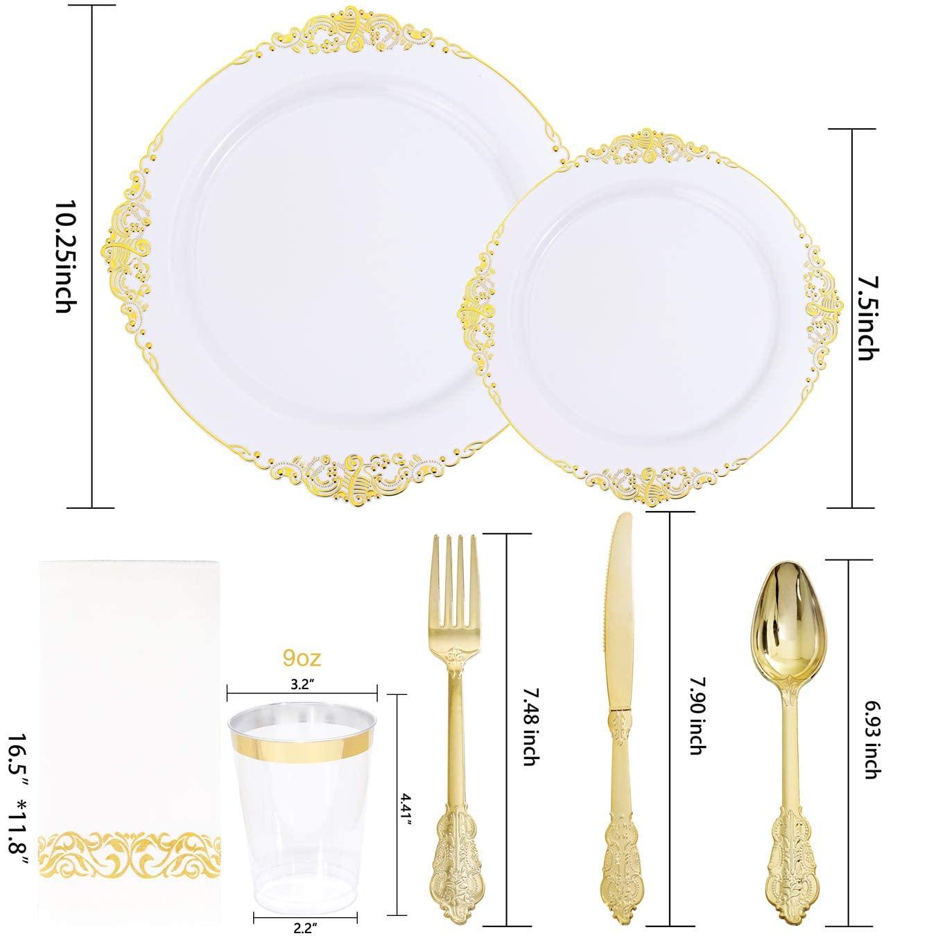 Nervure Nervure 175PCS White and Gold Plastic Plates 175PCS Clear Gold Plastic Plates