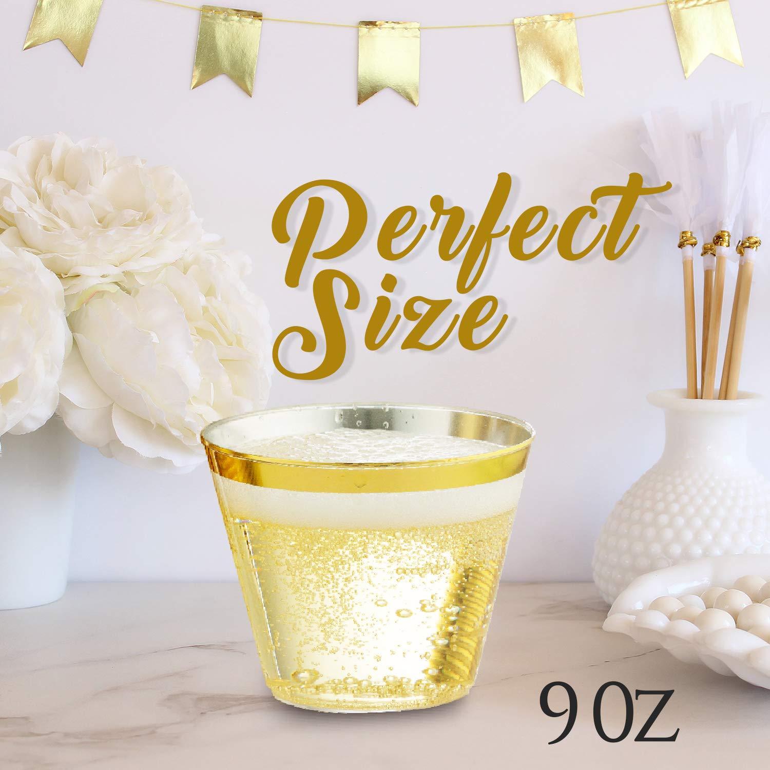 DECPREP Gold Rimmed Clear Cups 9 oz. | Old Fashioned Tumblers | Elegant Plastic Party Cups | Fancy Disposable Wedding Cups | Heavy Duty Gold Rimmed Cups (100 ct)