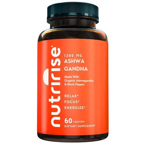 NutriRise NutriRise Organic Ashwagandha Root Capsules with Black Pepper, 1300mg, Natural Stress & Mood, Thyroid & Immune Support Supplement, Clarity, Focus & Energy, Gluten Free, 60 Count