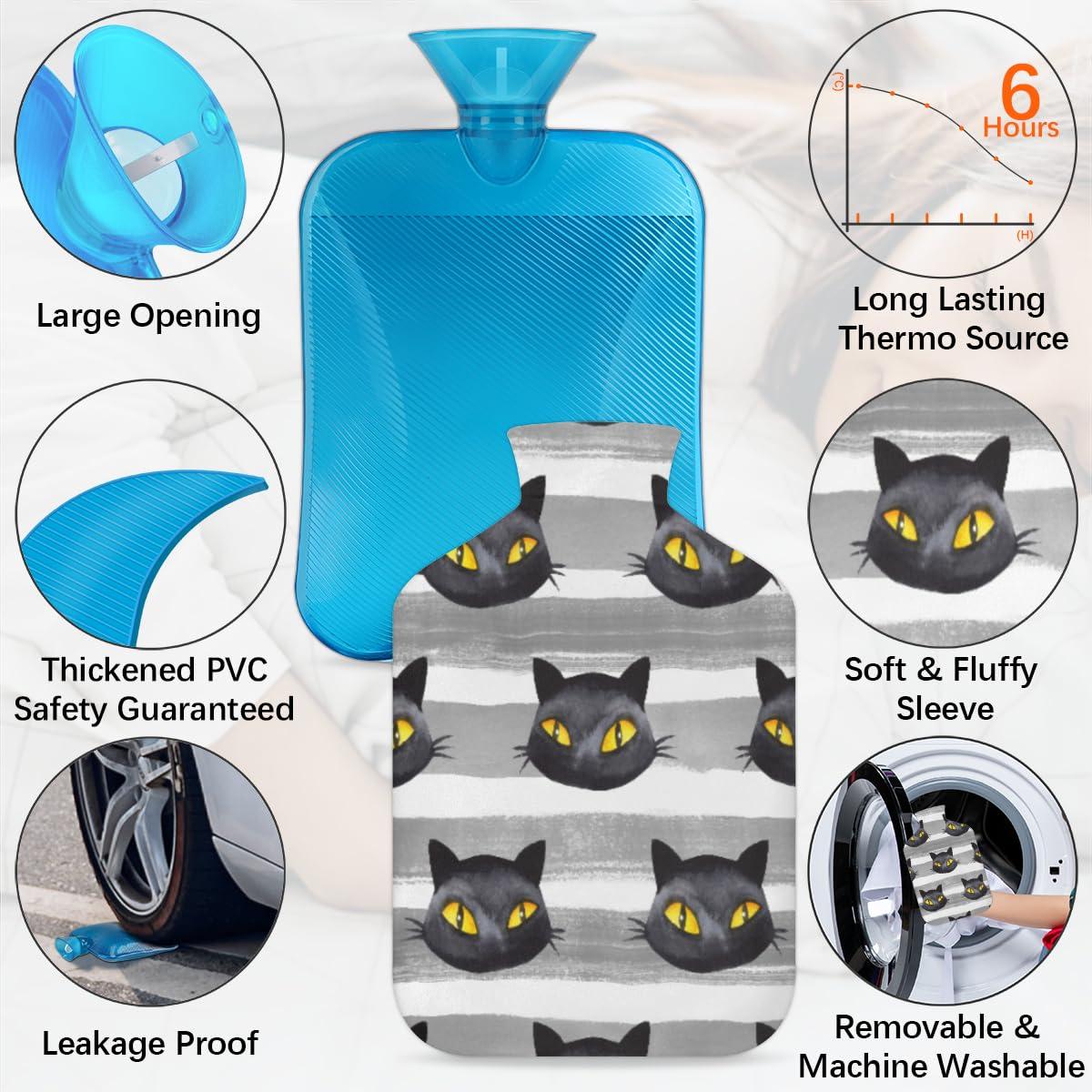 POFATO Halloween Black Cat Face Hot Water Bottle with Cover for Pain Relief Cramps, 2L Rubber Warm Hot Water Bags for Bed Hand Feet Belly Warmer, Hot or Cold Compress Water Bottle