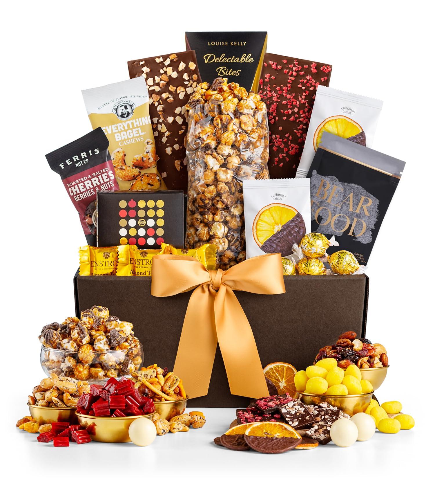GiftTree Encore Gourmet Gift Basket: Elevate the Moment with White Chocolate Lindor Truffles, Everything Bagel Cashews, Cranberry Crunch Mix, Bear Snack Mix, and Chocolate Drizzled Caramel Popcorn.