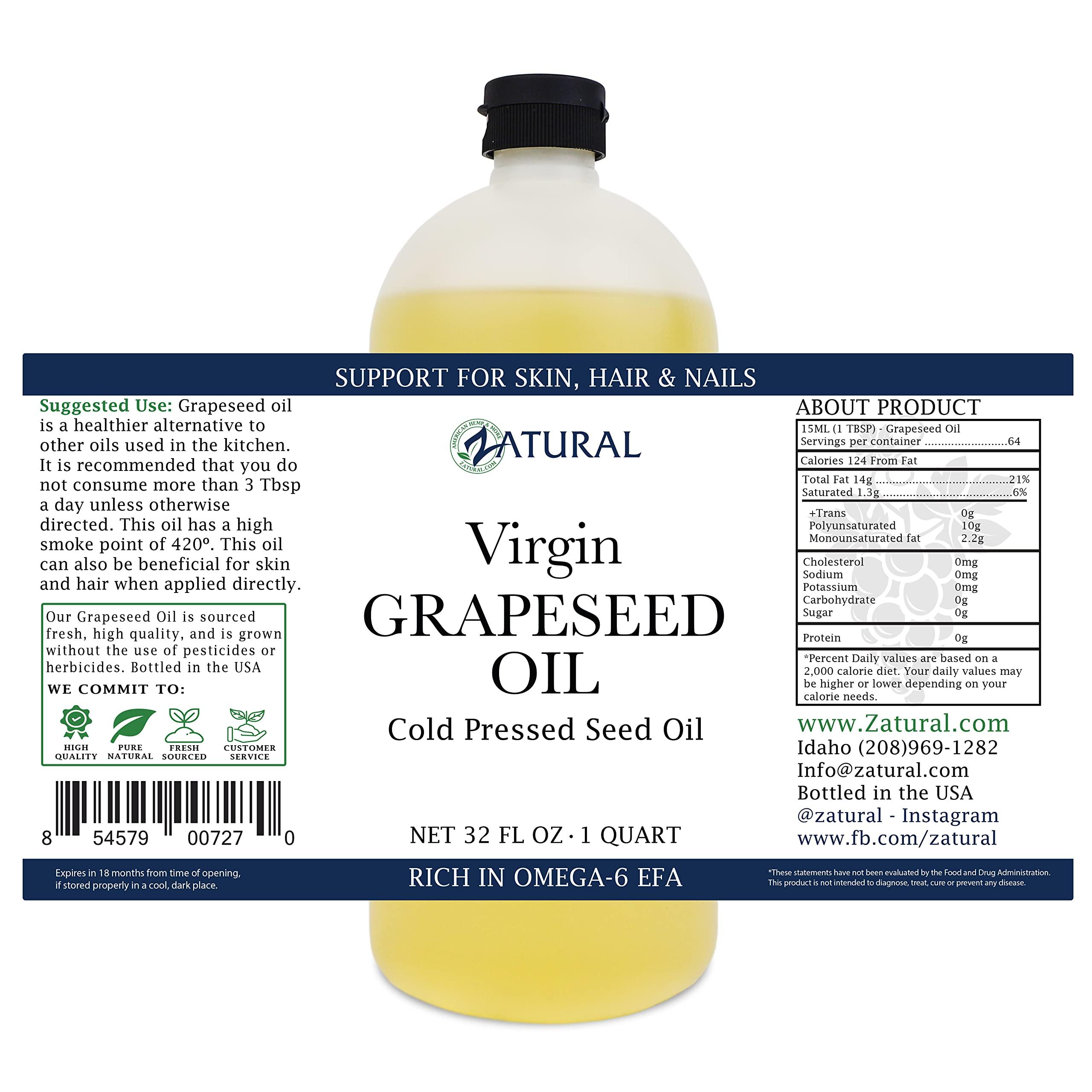 Zatural Zatural Grapeseed Oil Organically Grown 100% Pure Cold Pressed Virgin High Tempurature Cooking Oil (32oz)