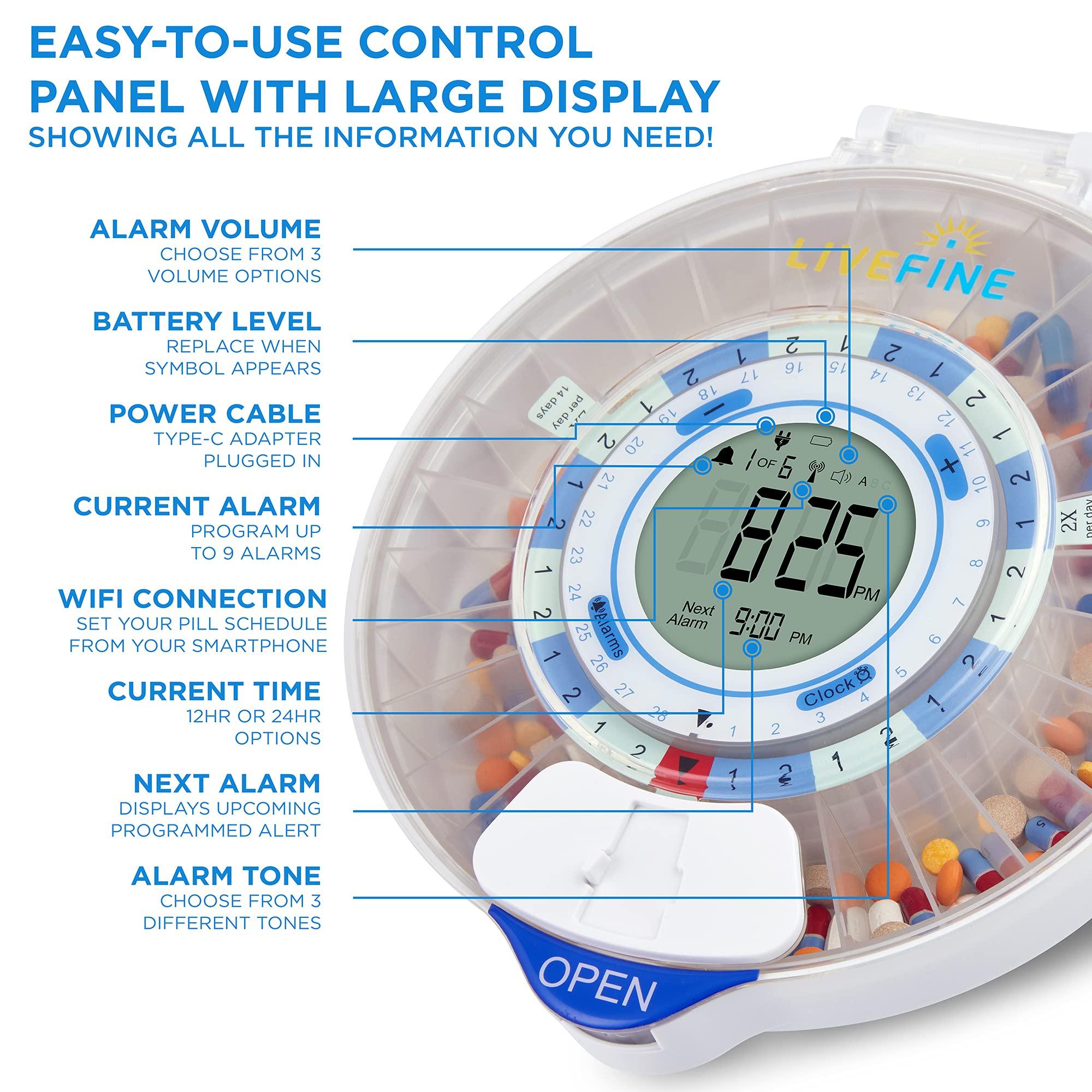 Live Fine LiveFine Smart WiFi Automatic Pill Dispenser | 28-Day Medication Organizer Up to 9 Doses Per Day for Care Monitoring with Locking Key, Adjustable Light/Sound Alarms for Prescriptions & Vitamins
