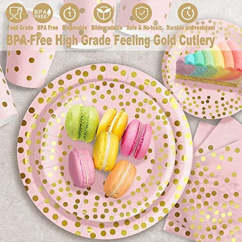 AIRE 350PCS Pink and Gold Party Plates with 6Pack Black and Gold Plastic Tablecloth, Severs 25 Disposable Party Supplies, Just Enjoy Your Party