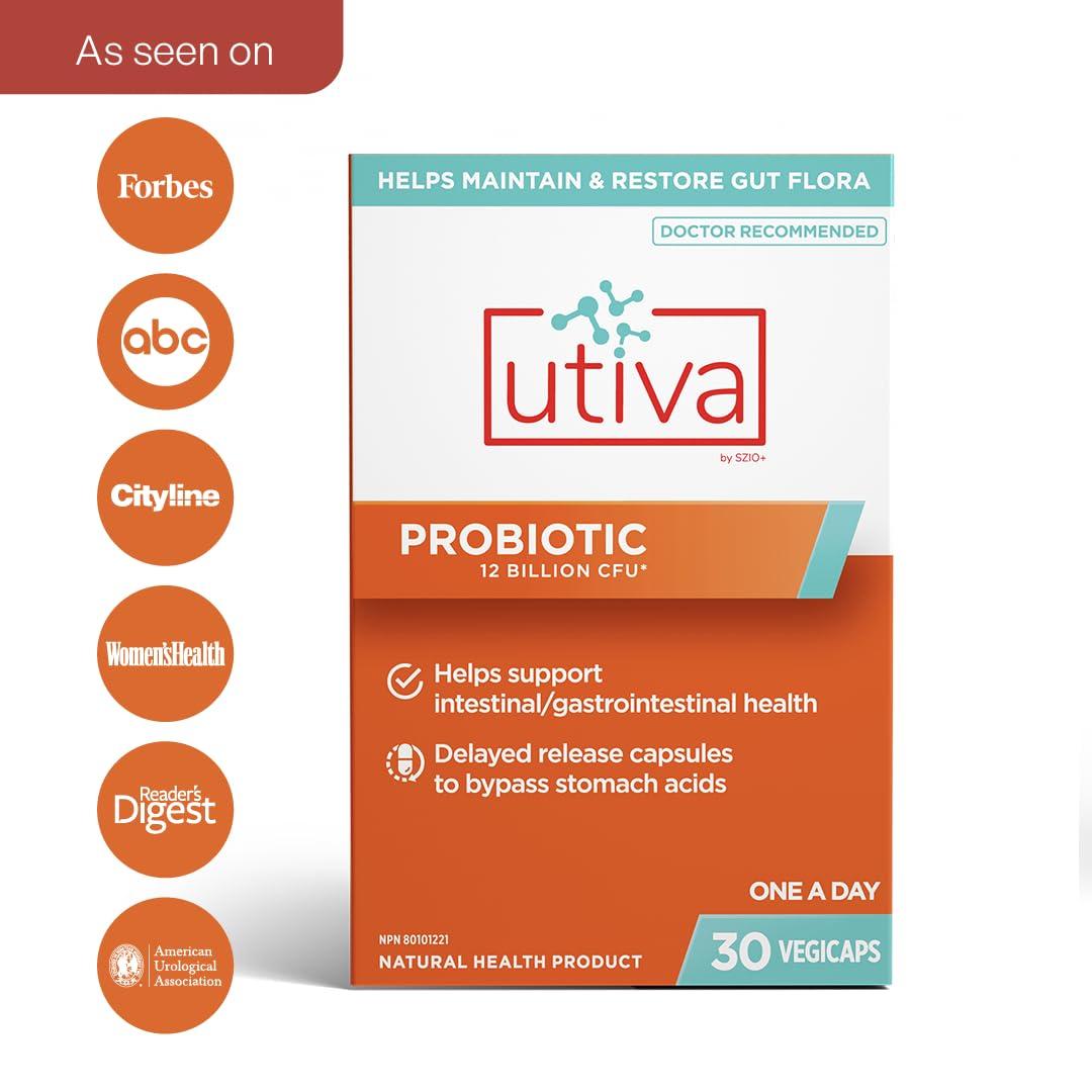 Szio+ Szio+ Utiva Probiotic Urinary Tract and Gut Health Supplement 12 Billion CFU Lactobacillus & Bifidobacterium Probiotic for Men and Women, 30 Delayed Release Vegi Capsules