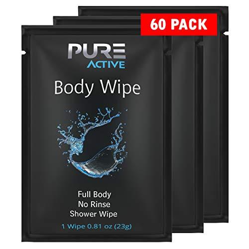 Pure Active 60 Individually Wrapped Shower Body Wipes + 50 Extra Thick Unscented Shower Wipes, Camping Wipes For Bathing, Rinse Free Body Cleansing Wipes