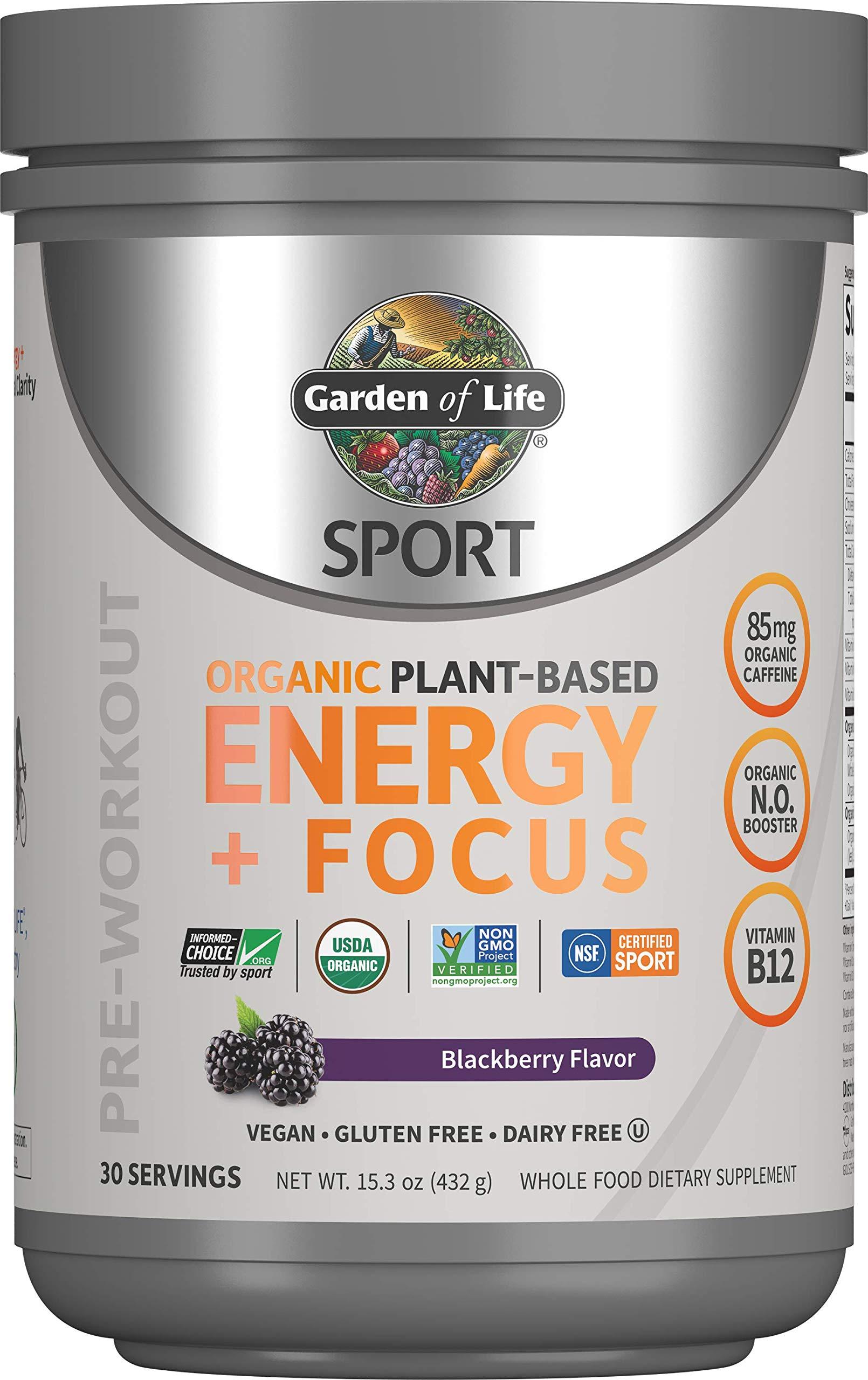 Garden of Life Garden of Life Sport Organic Plant Based Energy + Focus Clean Pre Workout Powder, with 85mg Caffeine, Natural No Booster, B12, Vegan, Gluten Free, Non-GMO, BlackBerry, 15.3 Oz