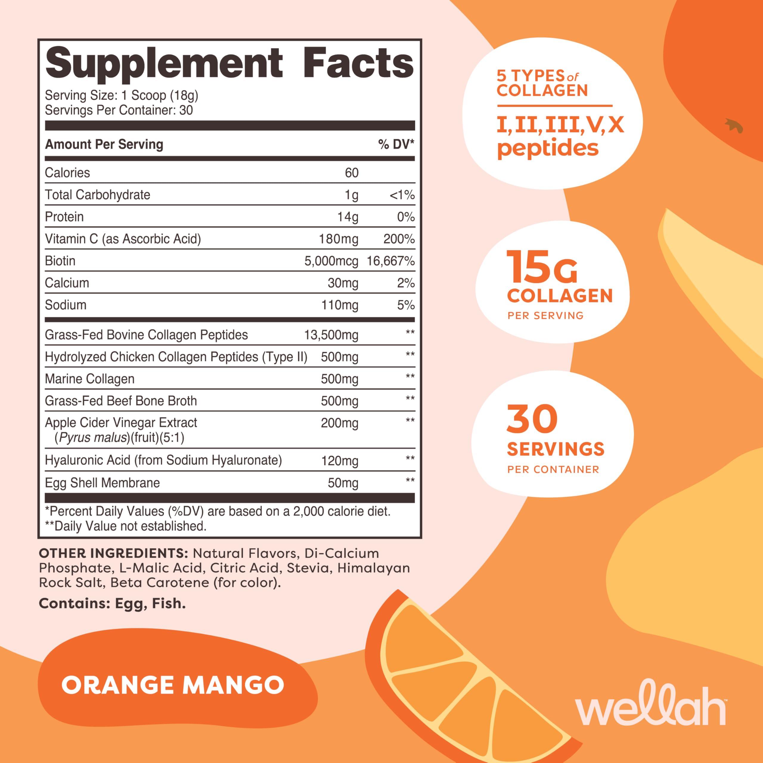 Wellah Wellah The Afterglow Multi Collagen Protein + Beauty (30 Servings, Orange Mango) - Hair, Skin, Nail & Joint Support - Non-GMO and Gluten Free