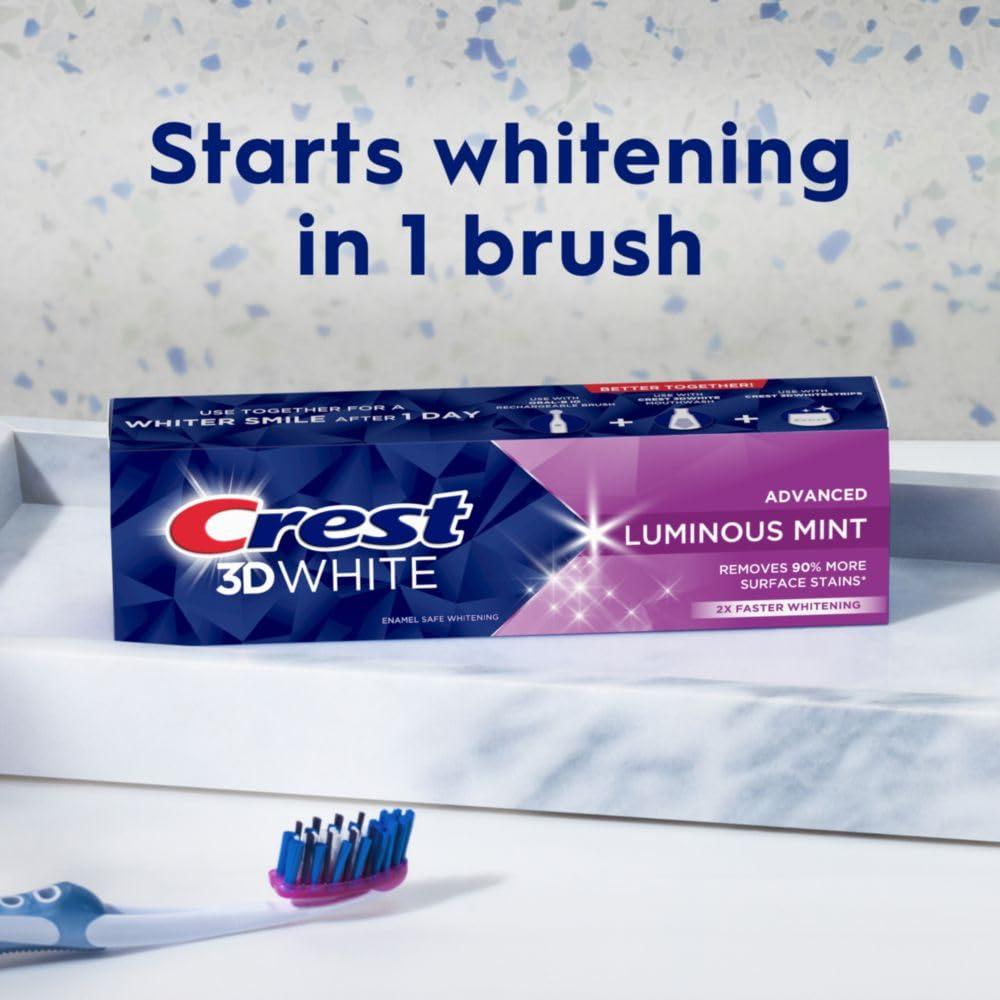 Crest Crest 3D White Advanced Luminous Mint Teeth Whitening Toothpaste, Crest Toothpaste, 3.7 oz Pack of 4 - Helps Remove Surface Stains, Whitens Teeth, Strengthens Tooth Enamel, Protects Against Cavities