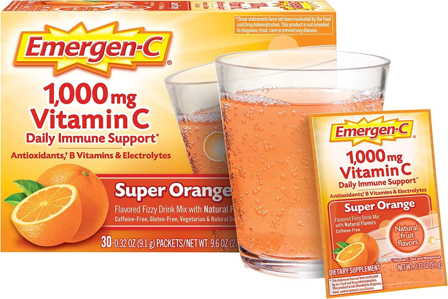 Emergen-C Emergen-C 1000mg Vitamin C Powder for Daily Immune Support Caffeine Free Vitamin C Supplements with Zinc and Manganese, B Vitamins and Electrolytes, Super Orange Flavor - 60 Count (Pack of 2)