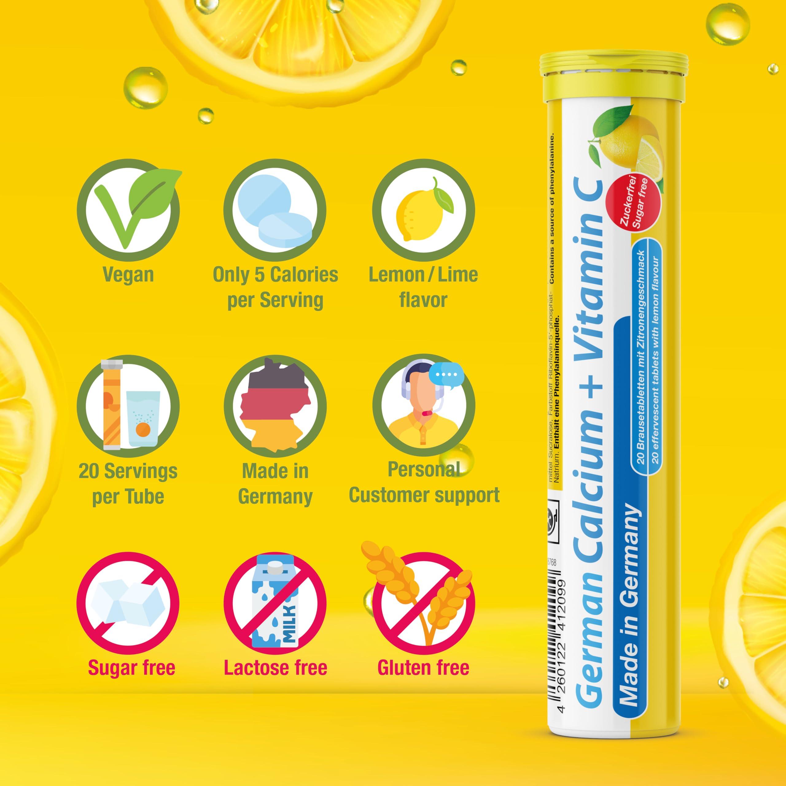 T&D German Calcium + VIT. C - 100 Vegan Drink Effervescent Tablets - Lemon Lime Flavor - Made in Germany