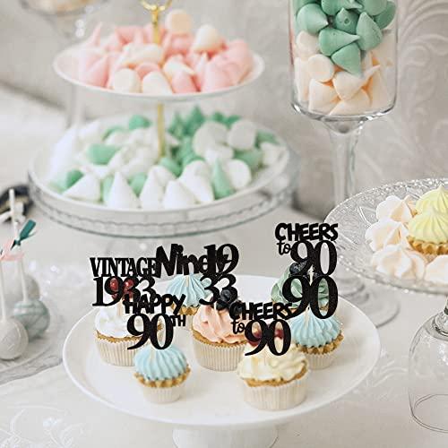 Rsstarxi Rsstarxi 24 Pack 90th Birthday Cupcake Toppers Black Glitter Vintage 1933 Cupcake Picks Ninety Cheers to 90 Years Old Birthday Cupcake Topper for Happy 90th Birthday Anniversary Party Cake Decorations
