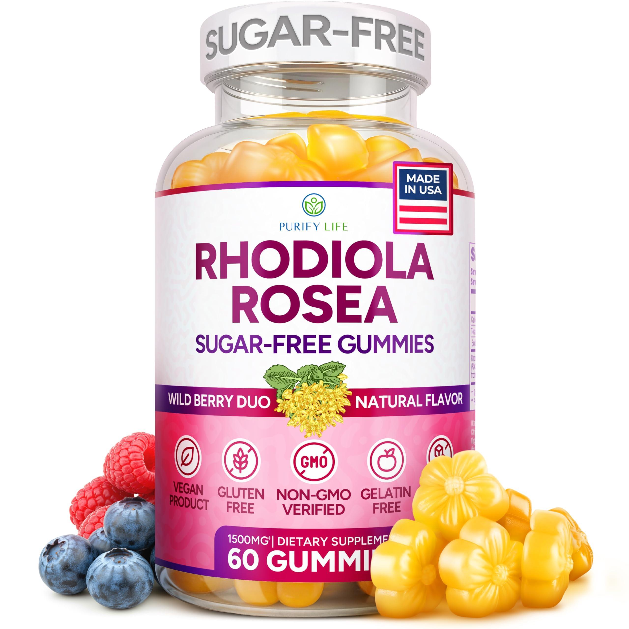Purify Life Sugar-Free Rhodiola Rosea Gummies (1500mg/Serving) Adaptogenic Rhodiola Rosea Supplement & Cortisol Blocker for Performance, Stamina, Mood & Motivation - Non-GMO, 60 Vegan Chews, No Capsules or Pills