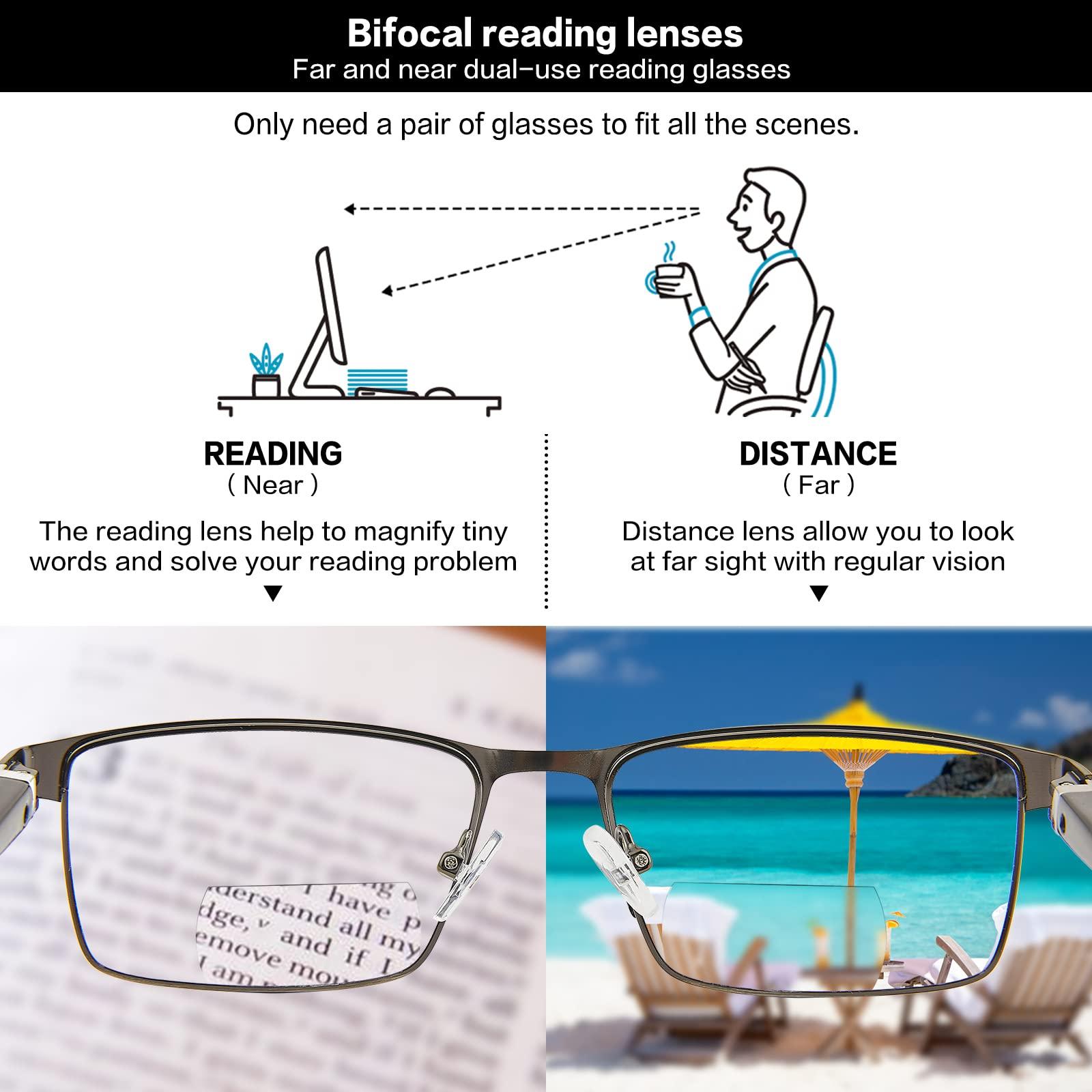 LKEYE Bifocal Reading Glasses for Men Blue Light Blocking Computer Readers Lightweight Metal Frame Eyewear Spring Hinge 2PACK 1.25